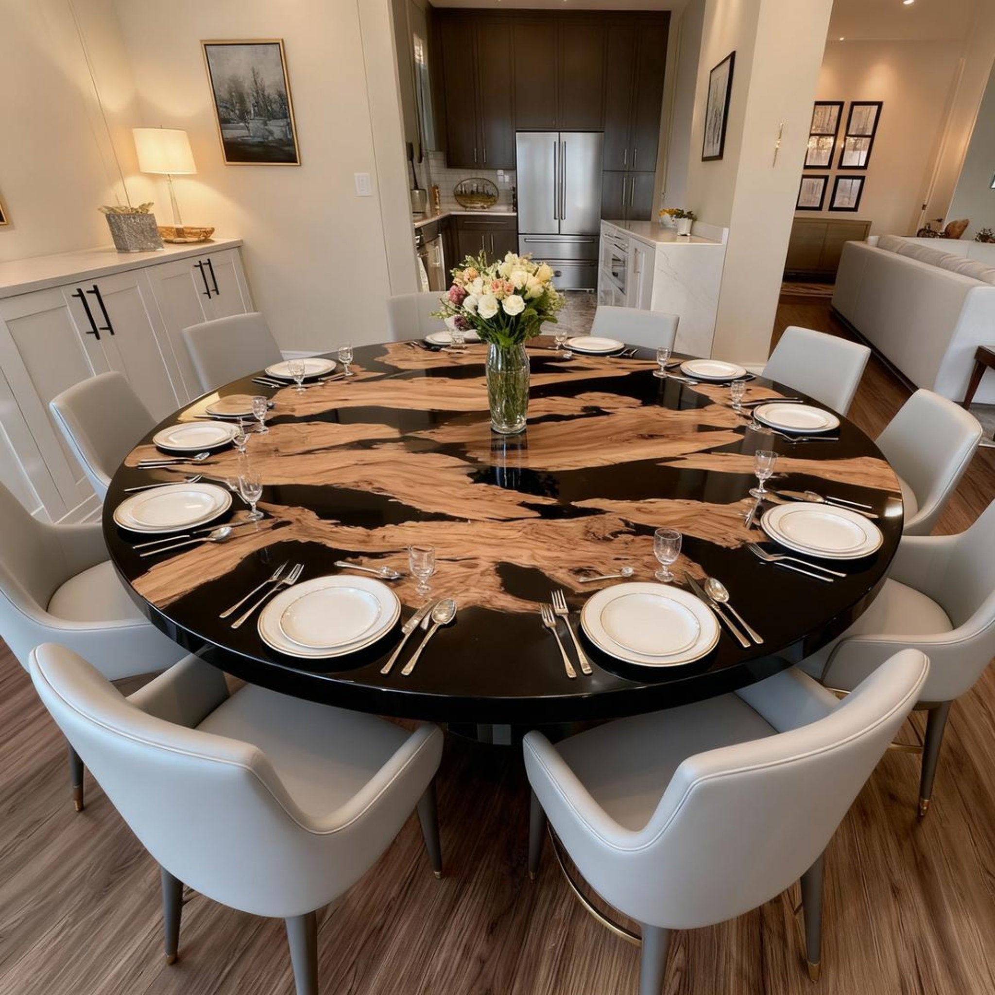 Table rivière sur mesure en bois d'olivier et résine époxy, noir onyx JQT-472