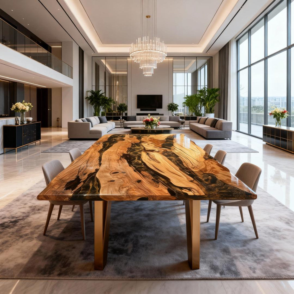 Table rivière sur mesure en bois d'olivier et résine époxy, coloris Onyx Black Pearl LNX-582