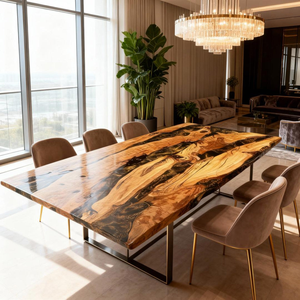 Table rivière sur mesure en bois d'olivier et résine époxy, coloris Onyx Black Pearl LNX-582