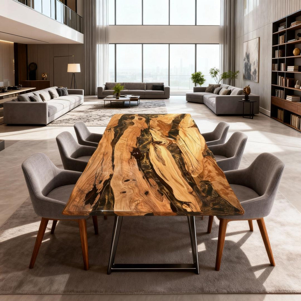 Table rivière sur mesure en bois d'olivier et résine époxy, coloris Onyx Black Pearl LNX-582