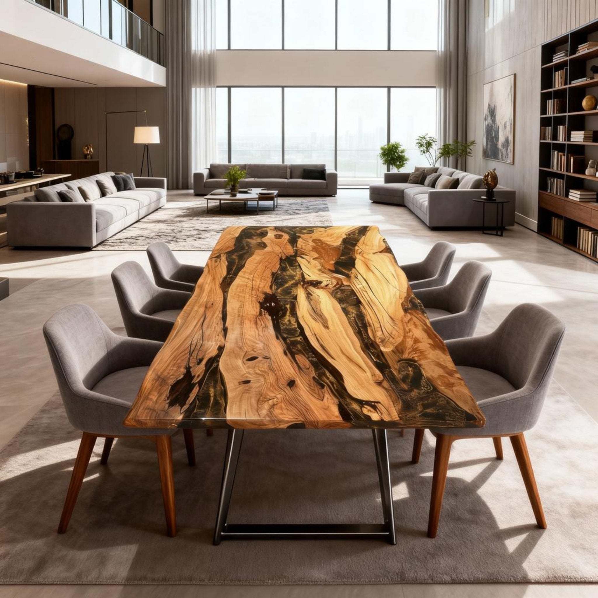 Table rivière sur mesure en bois d'olivier et résine époxy, coloris Onyx Black Pearl LNX-582