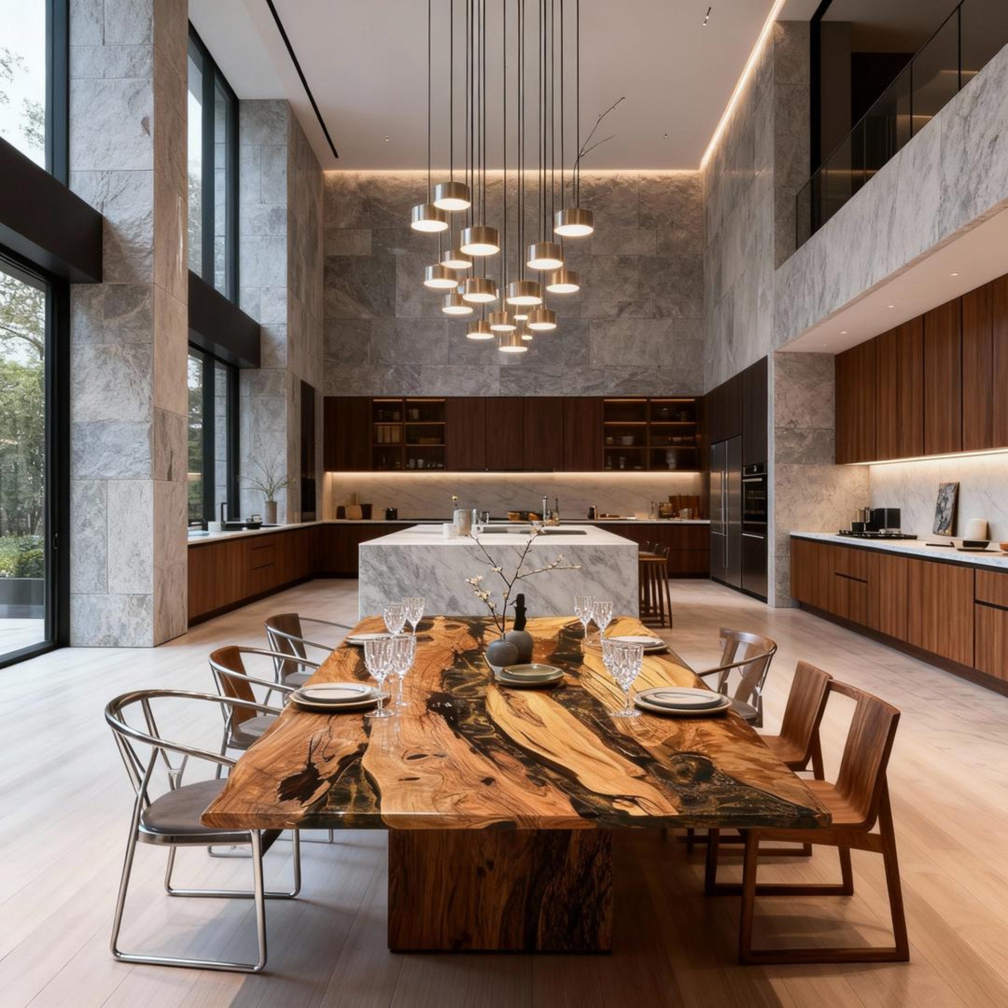 Table rivière sur mesure en bois d'olivier et résine époxy, coloris Onyx Black Pearl LNX-582