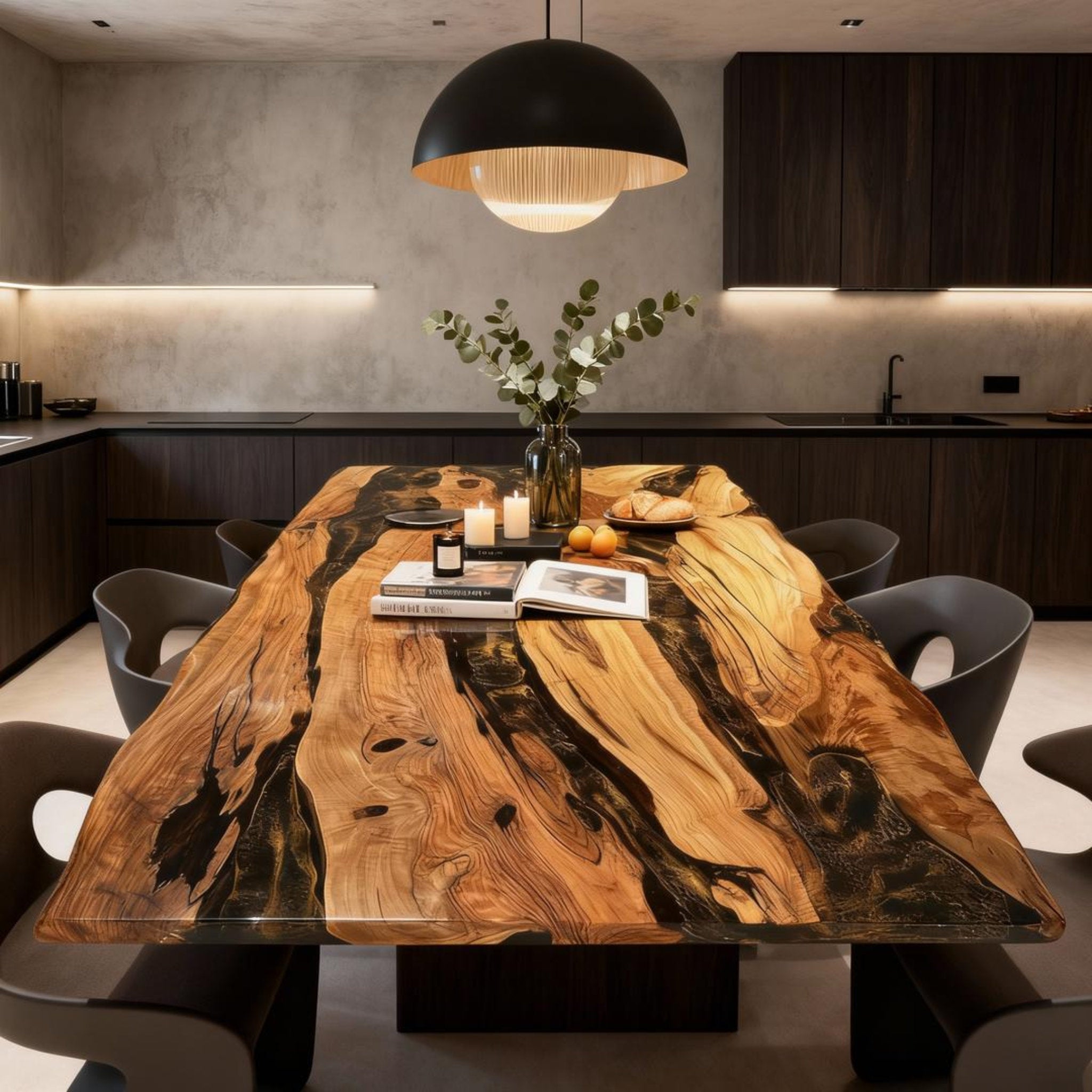 Table rivière sur mesure en bois d'olivier et résine époxy, coloris Onyx Black Pearl LNX-582