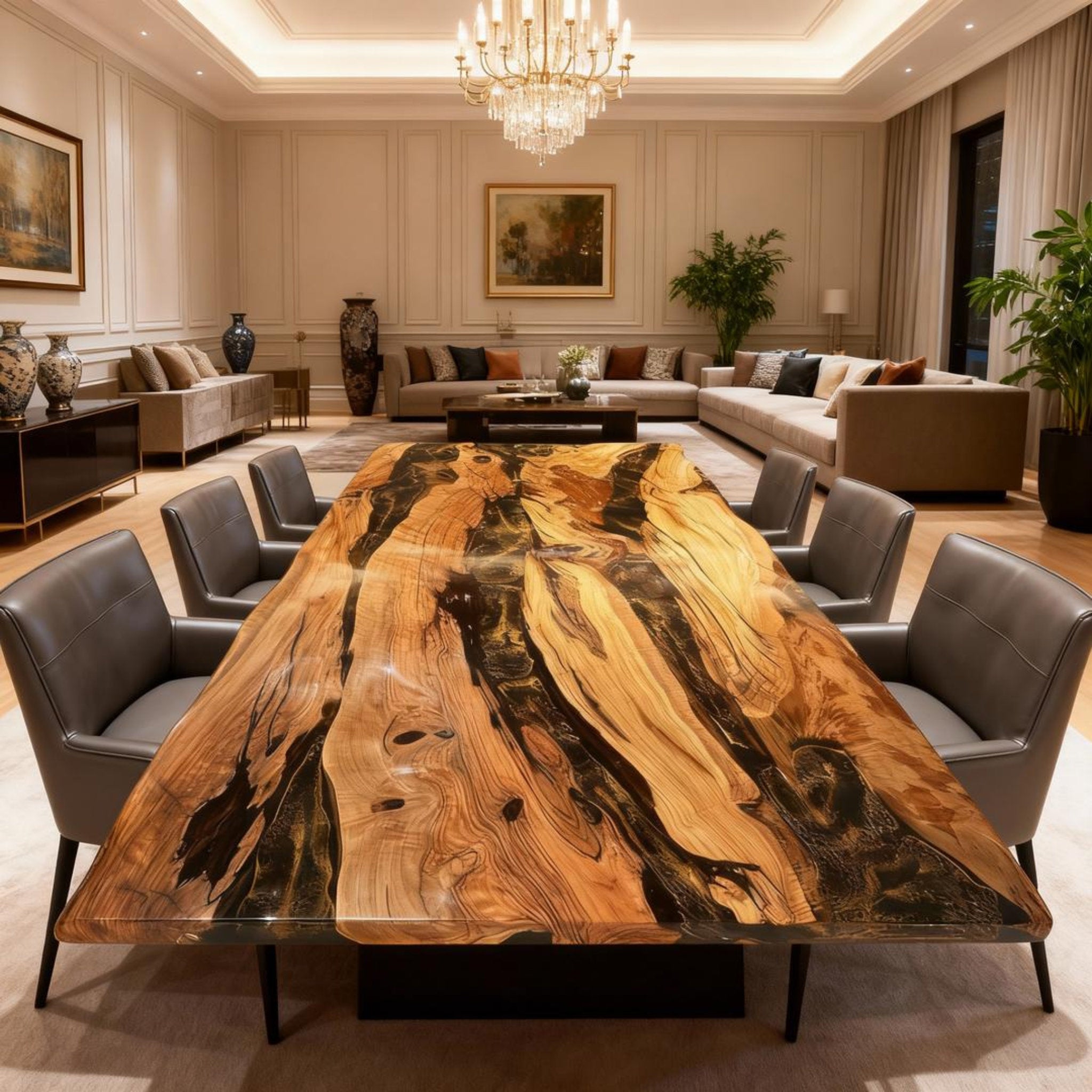 Table rivière sur mesure en bois d'olivier et résine époxy, coloris Onyx Black Pearl LNX-582