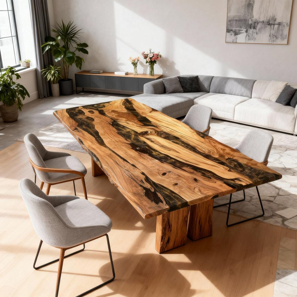 Table rivière sur mesure en bois d'olivier et résine époxy, coloris Onyx Black Pearl LNX-582