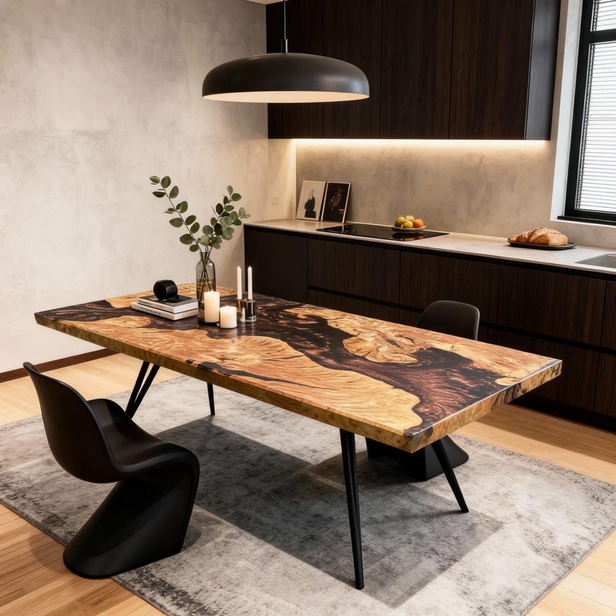 Table rivière sur mesure en bois d'olivier et résine époxy, noir onyx RGT-593