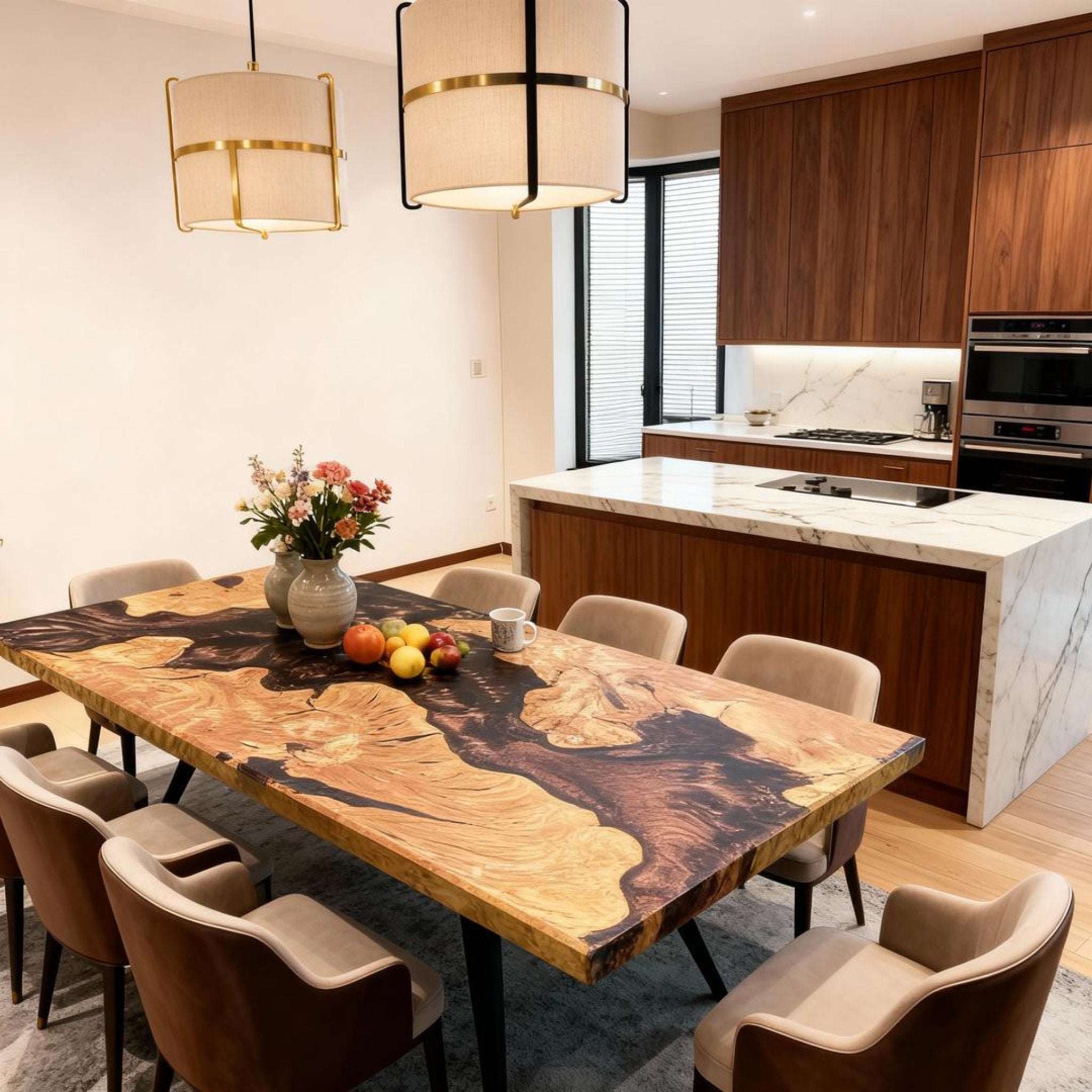 Table rivière sur mesure en bois d'olivier et résine époxy, noir onyx RGT-593