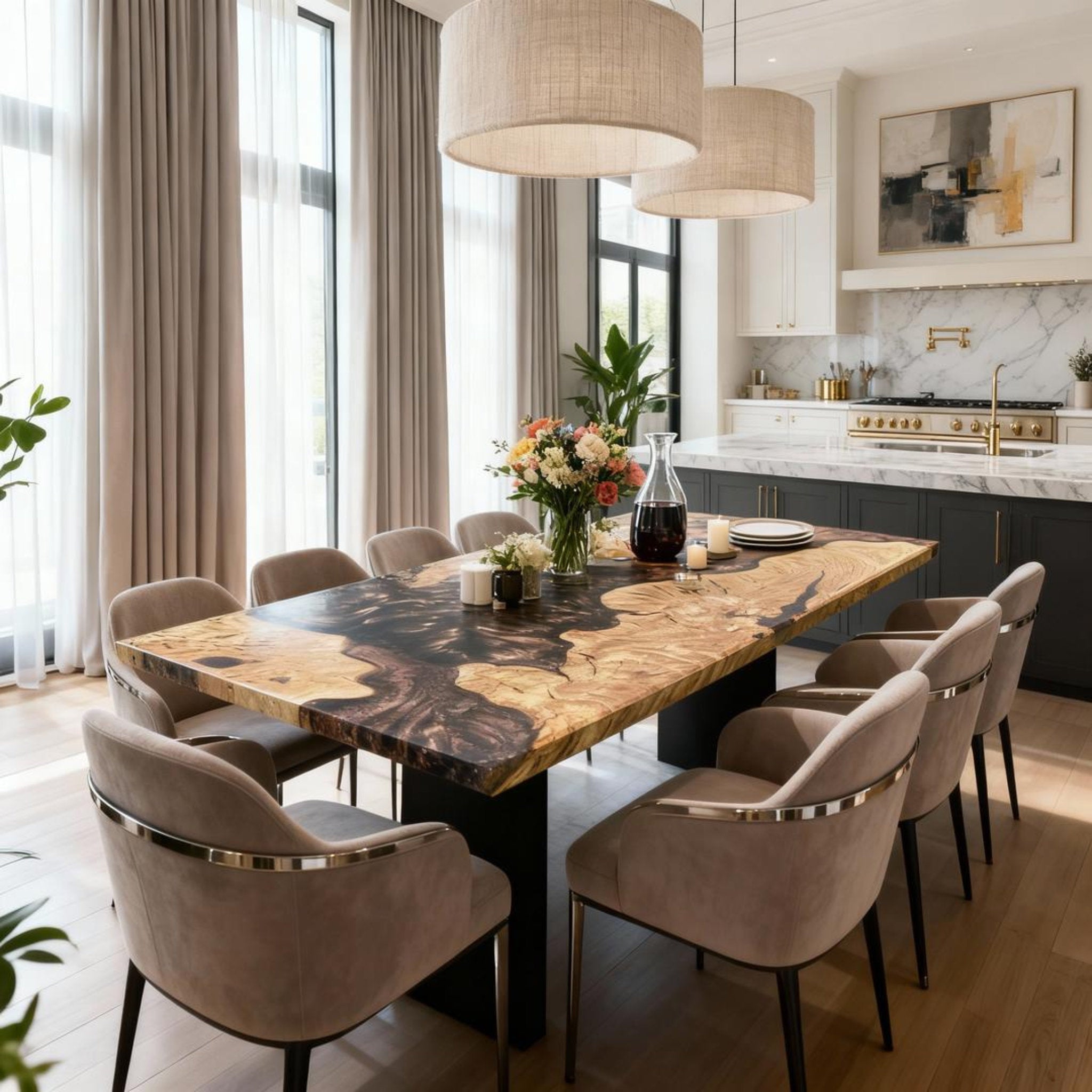 Table rivière sur mesure en bois d'olivier et résine époxy, noir onyx RGT-593