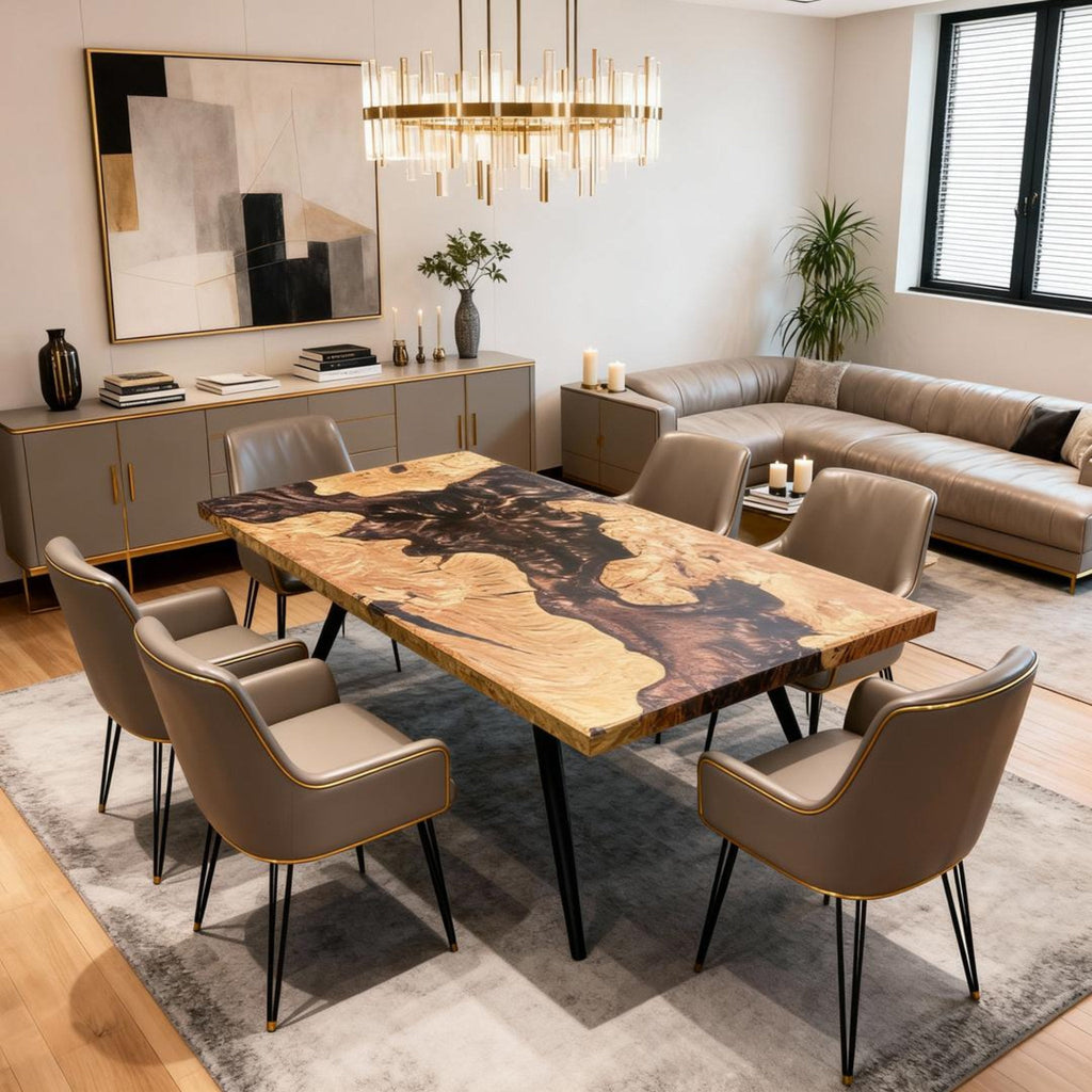 Table rivière sur mesure en bois d'olivier et résine époxy, noir onyx RGT-593