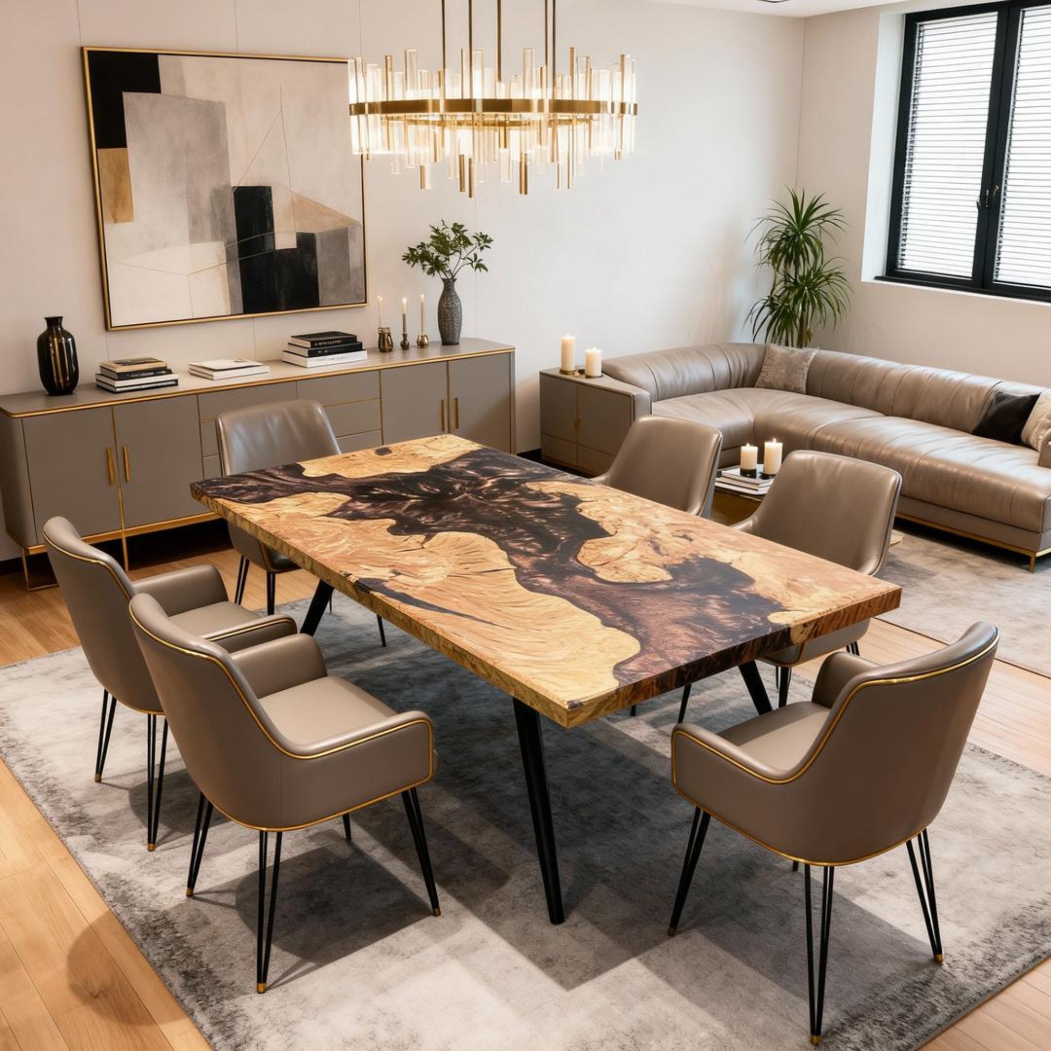 Table rivière sur mesure en bois d'olivier et résine époxy, noir onyx RGT-593