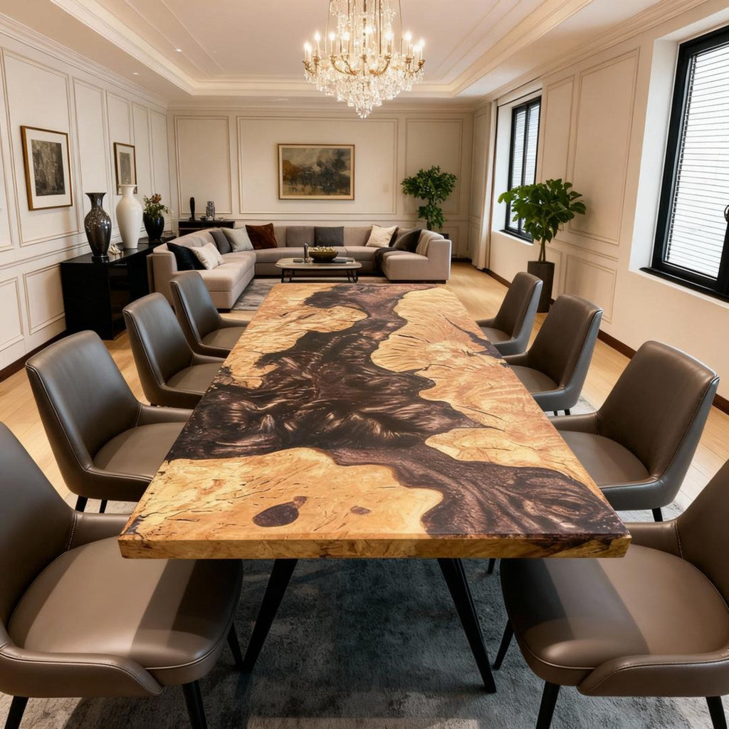 Table rivière sur mesure en bois d'olivier et résine époxy, noir onyx RGT-593