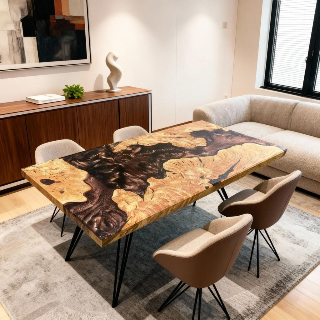 Table rivière sur mesure en bois d'olivier et résine époxy, noir onyx RGT-593