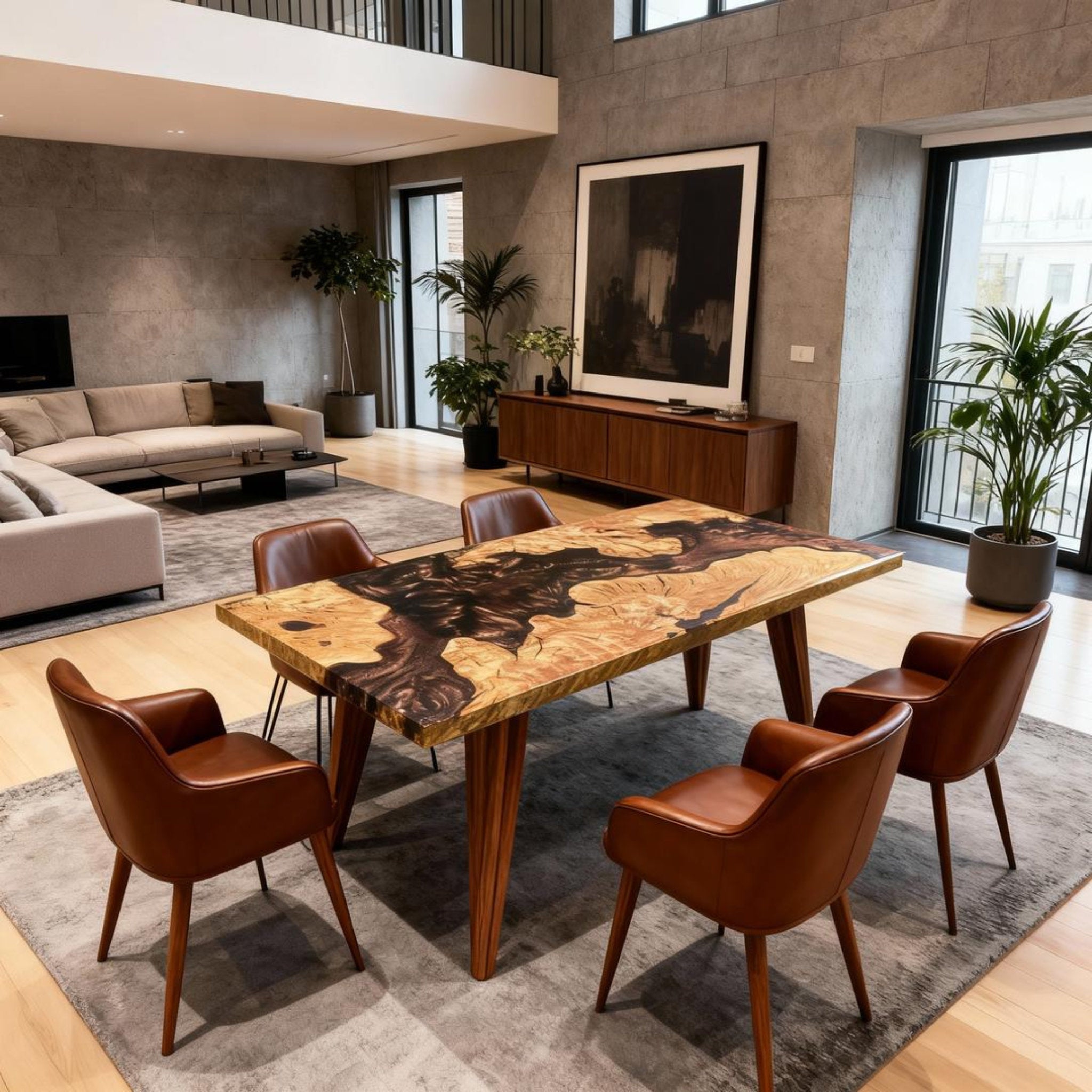 Table rivière sur mesure en bois d'olivier et résine époxy, noir onyx RGT-593