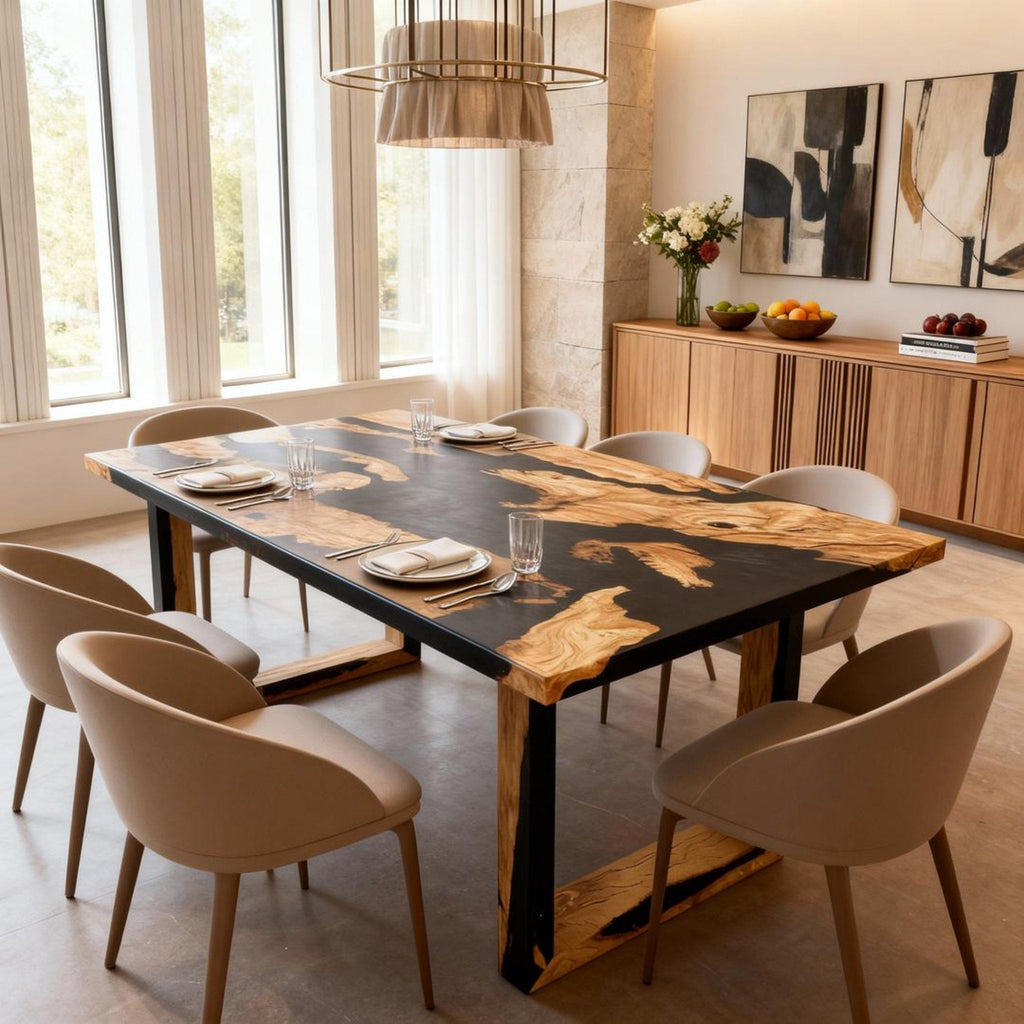 Table rivière sur mesure en bois d'olivier et résine époxy, noir onyx VQJ-572