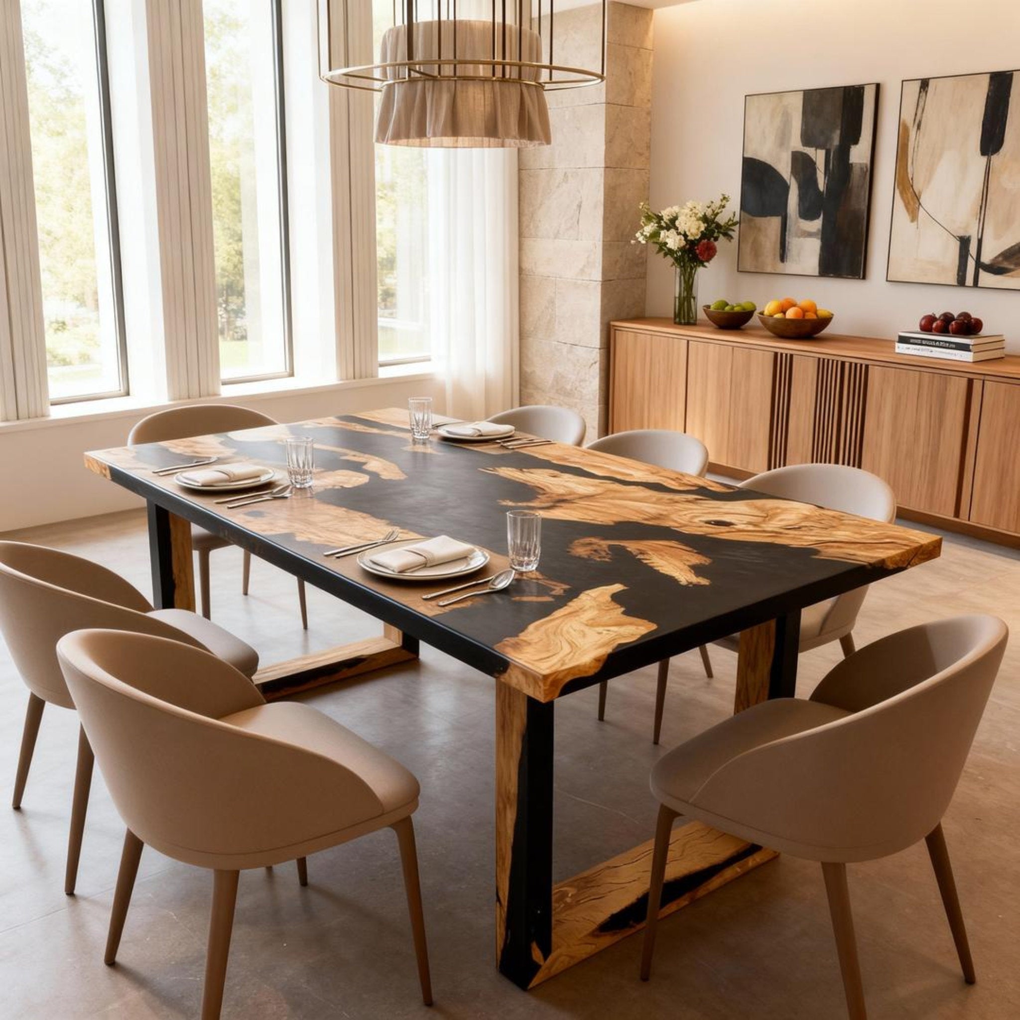 Table rivière sur mesure en bois d'olivier et résine époxy, noir onyx VQJ-572