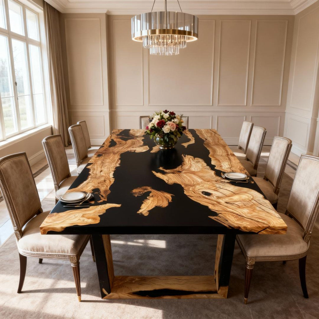 Table rivière sur mesure en bois d'olivier et résine époxy, noir onyx VQJ-572
