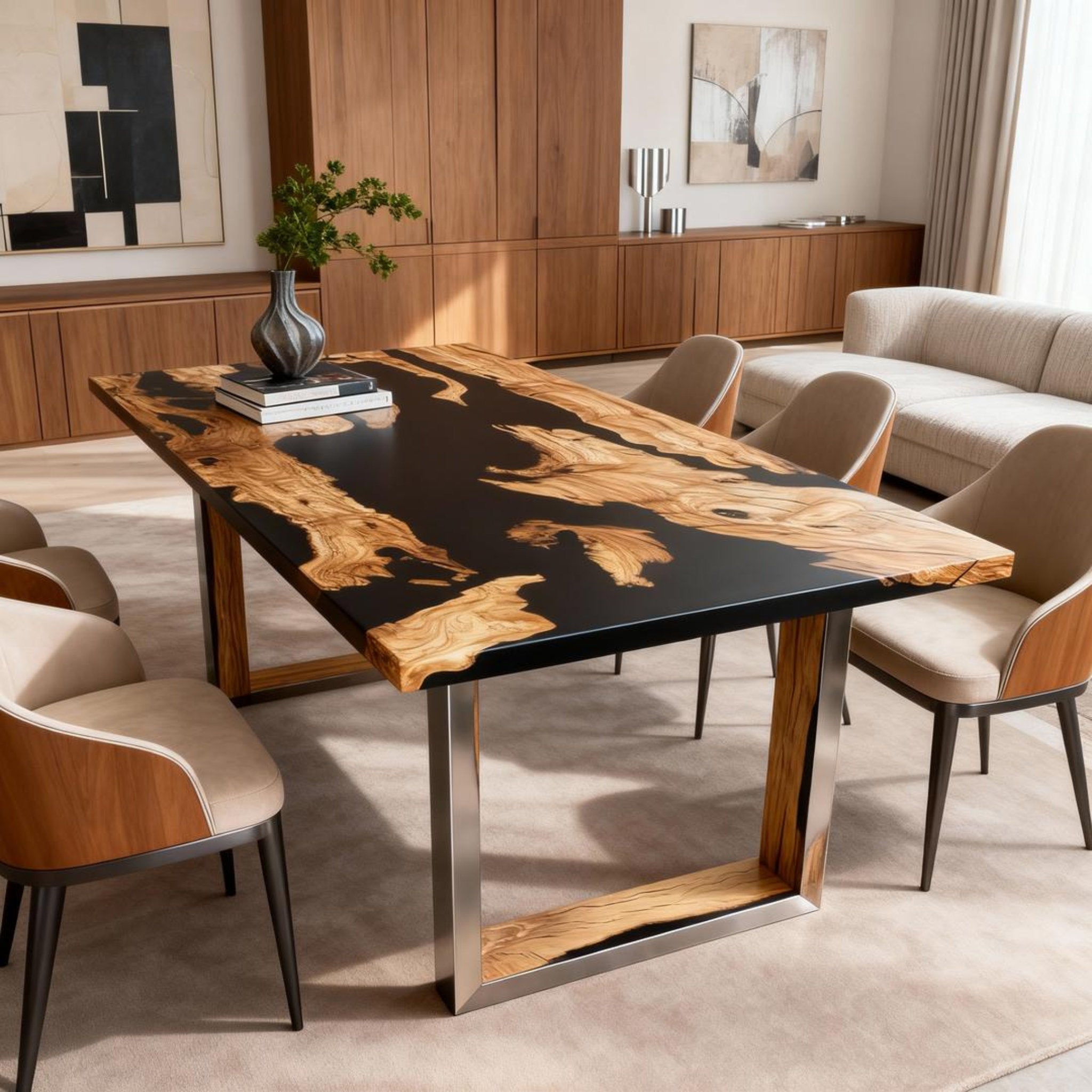 Table rivière sur mesure en bois d'olivier et résine époxy, noir onyx VQJ-572