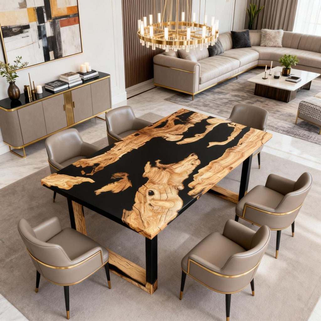 Table rivière sur mesure en bois d'olivier et résine époxy, noir onyx VQJ-572