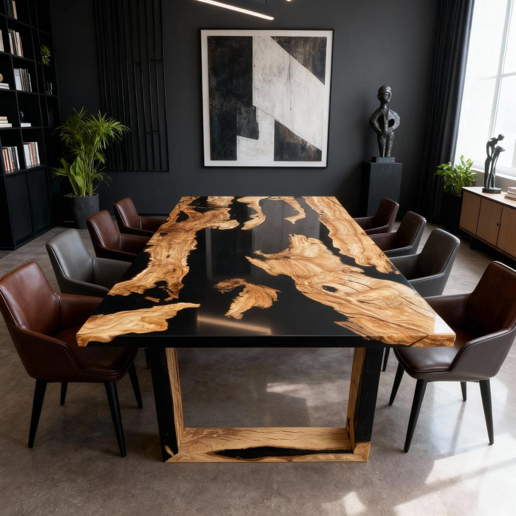 Table rivière sur mesure en bois d'olivier et résine époxy, noir onyx VQJ-572