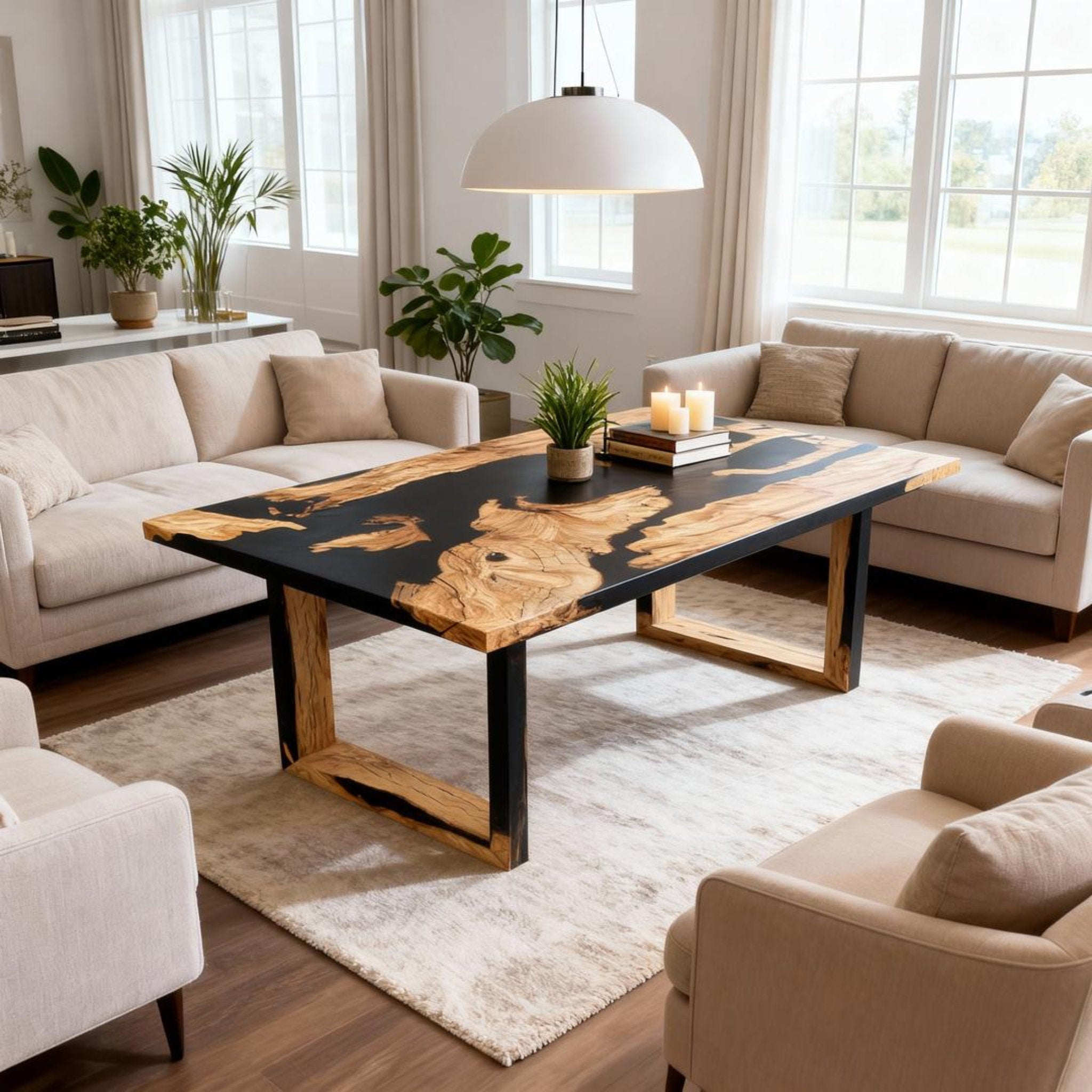 Table rivière sur mesure en bois d'olivier et résine époxy, noir onyx VQJ-572