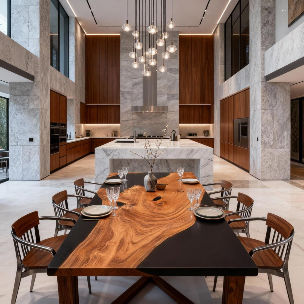 Table rivière sur mesure en résine époxy et bois d'olivier, finition piano noir, VQA-582