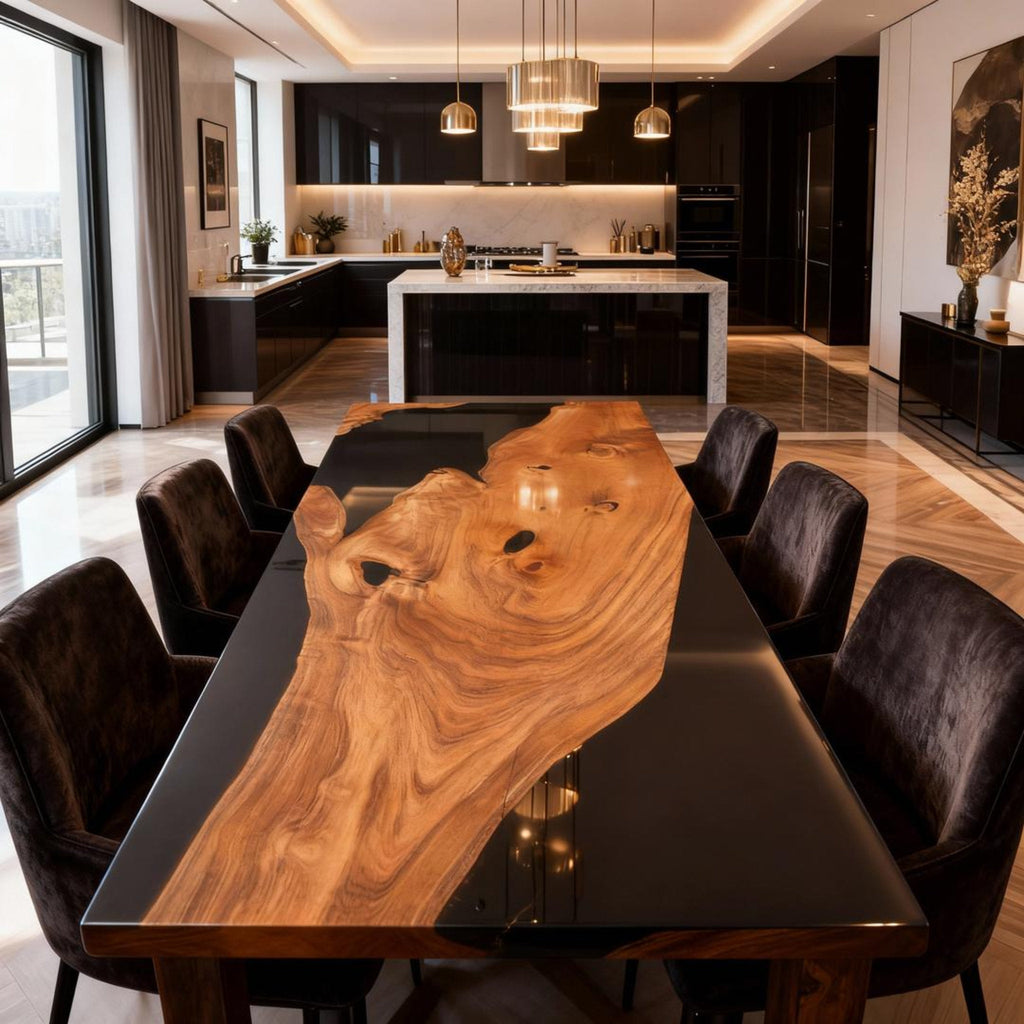 Table rivière sur mesure en résine époxy et bois d'olivier, finition piano noir, VQA-582