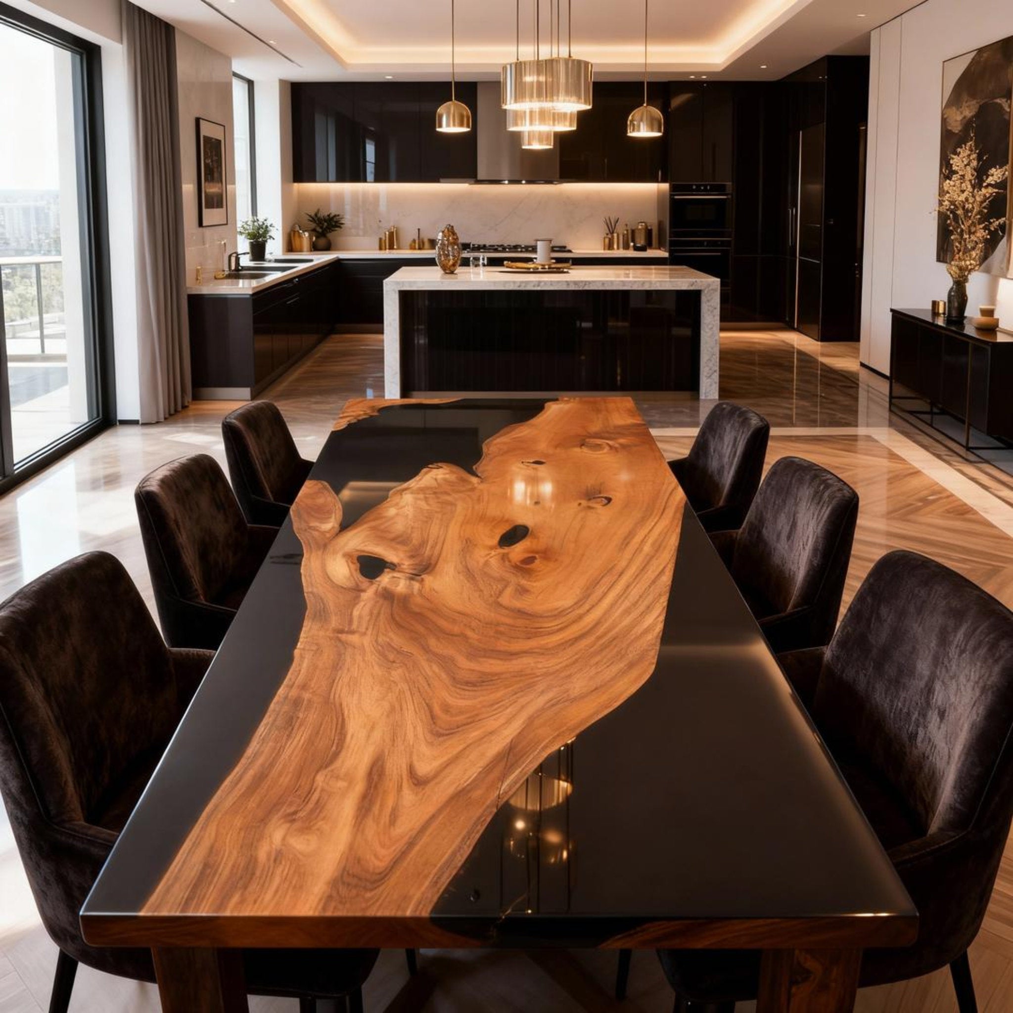 Table rivière sur mesure en résine époxy et bois d'olivier, finition piano noir, VQA-582