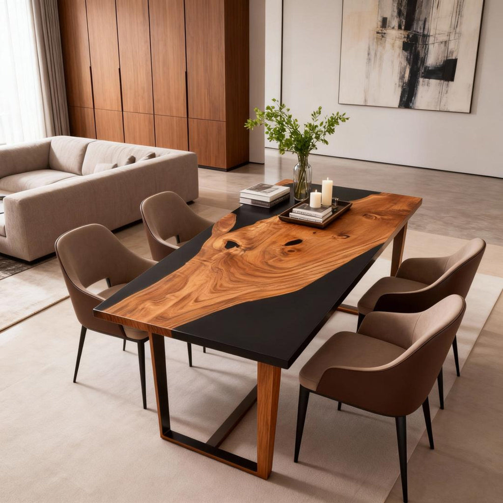 Table rivière sur mesure en résine époxy et bois d'olivier, finition piano noir, VQA-582