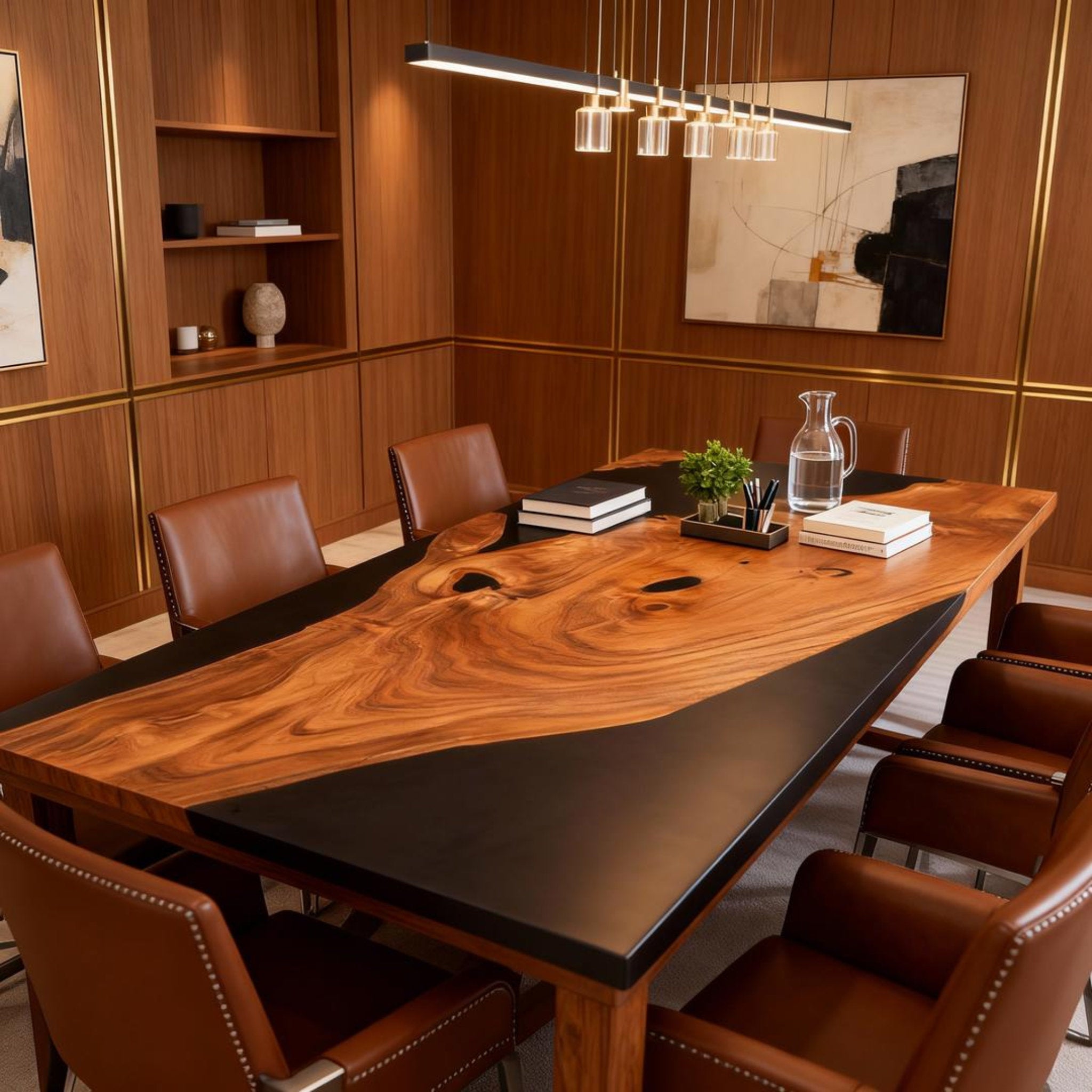 Table rivière sur mesure en résine époxy et bois d'olivier, finition piano noir, VQA-582