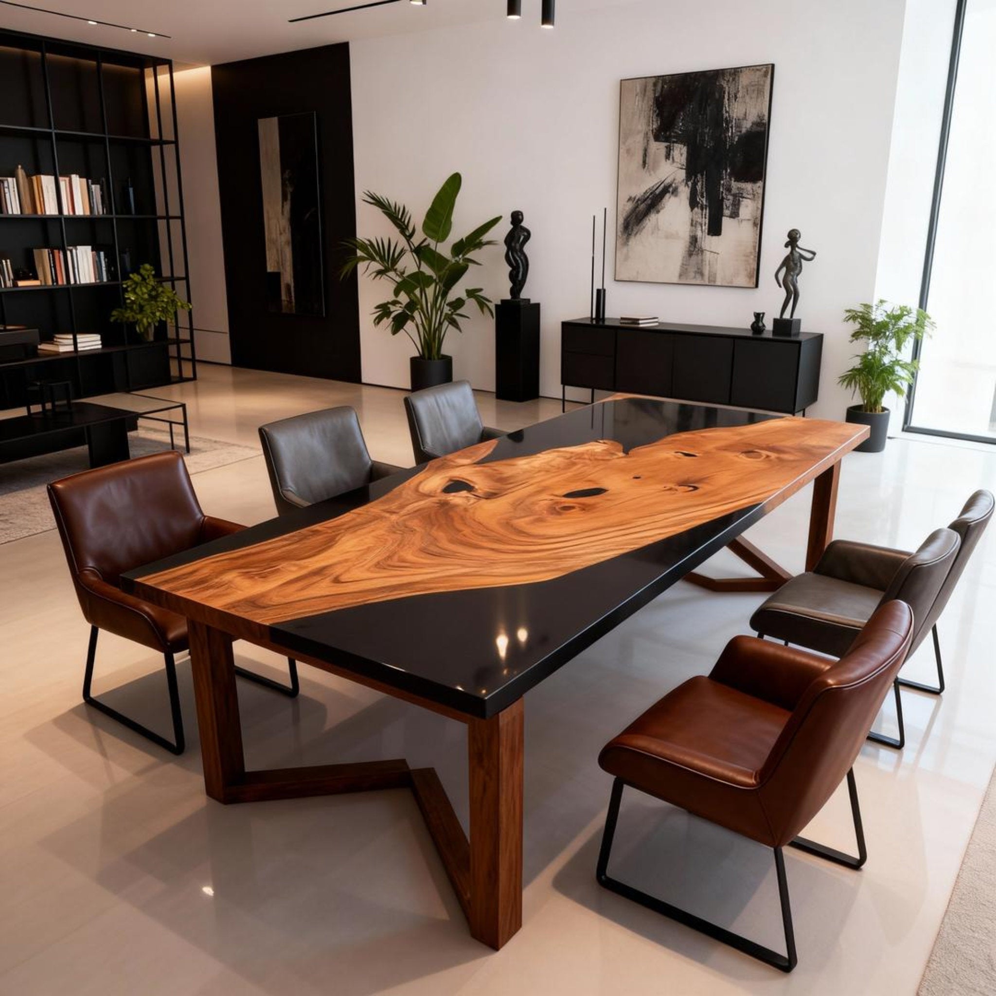 Table rivière sur mesure en résine époxy et bois d'olivier, finition piano noir, VQA-582