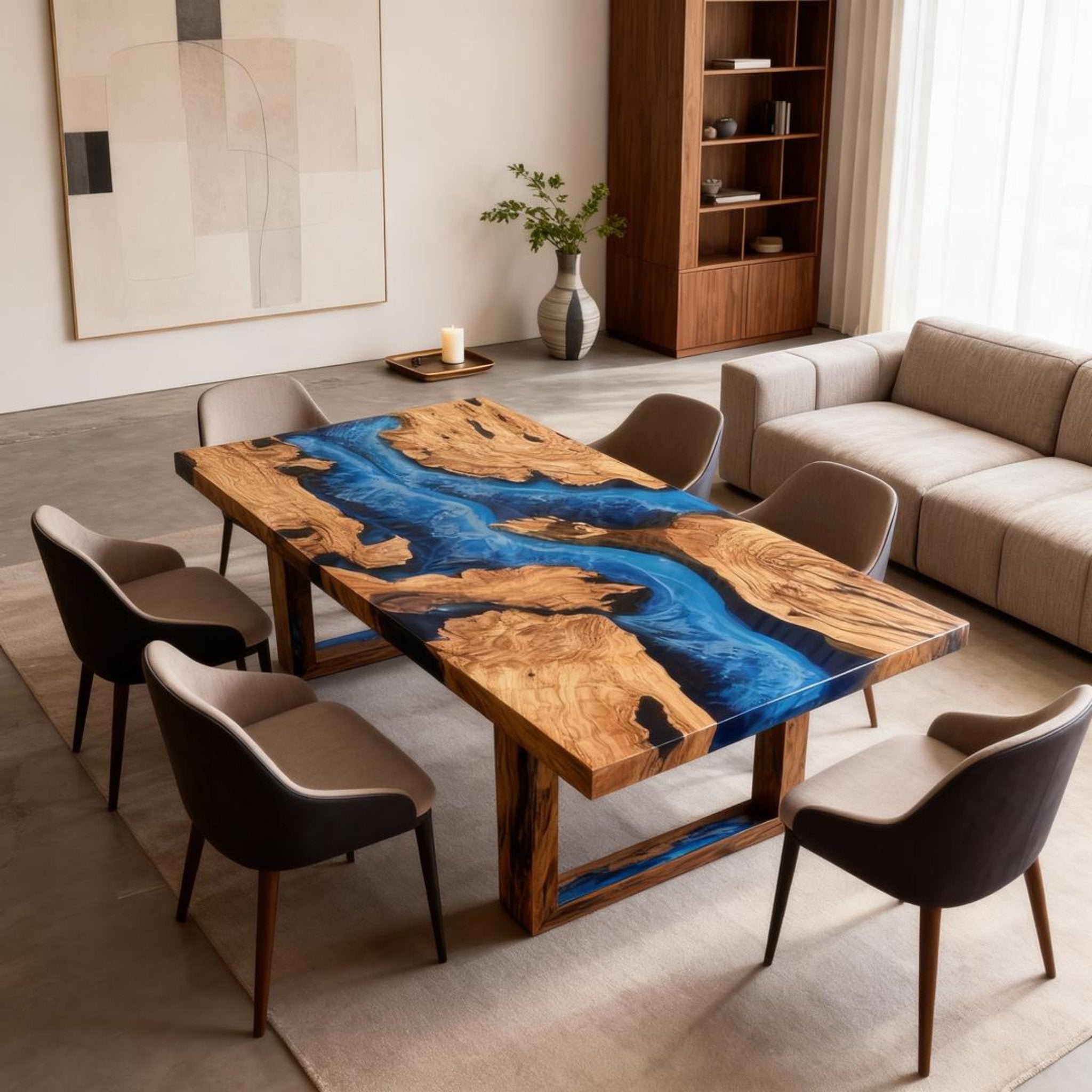 Table rivière sur mesure en bois d'olivier et résine époxy bleu saphir RZX-572