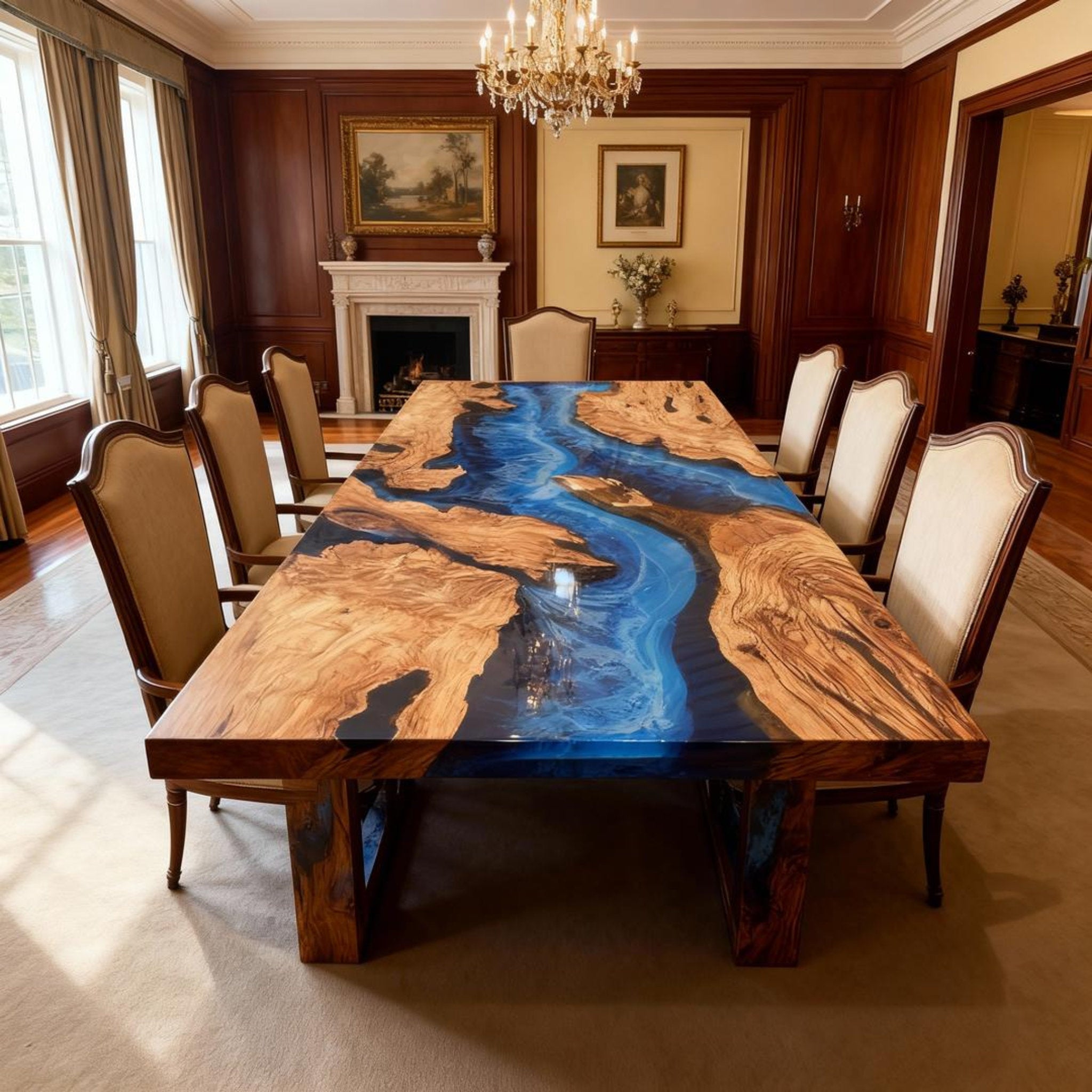Table rivière sur mesure en bois d'olivier et résine époxy bleu saphir RZX-572