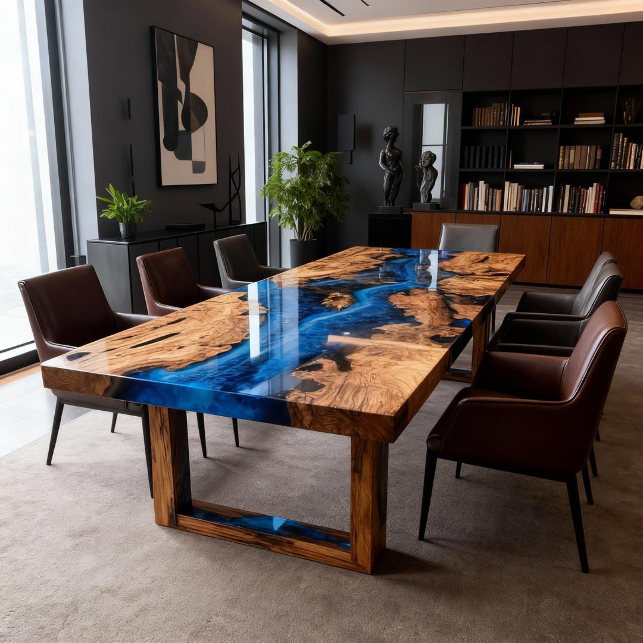 Table rivière sur mesure en bois d'olivier et résine époxy bleu saphir RZX-572