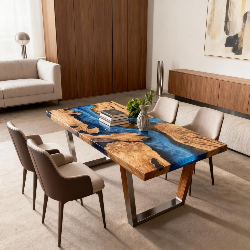 Table rivière sur mesure en bois d'olivier et résine époxy bleu saphir RZX-572