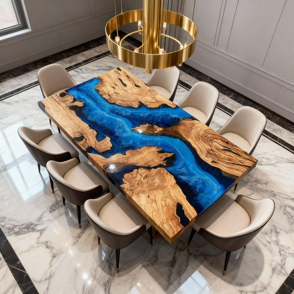 Table rivière sur mesure en bois d'olivier et résine époxy bleu saphir RZX-572