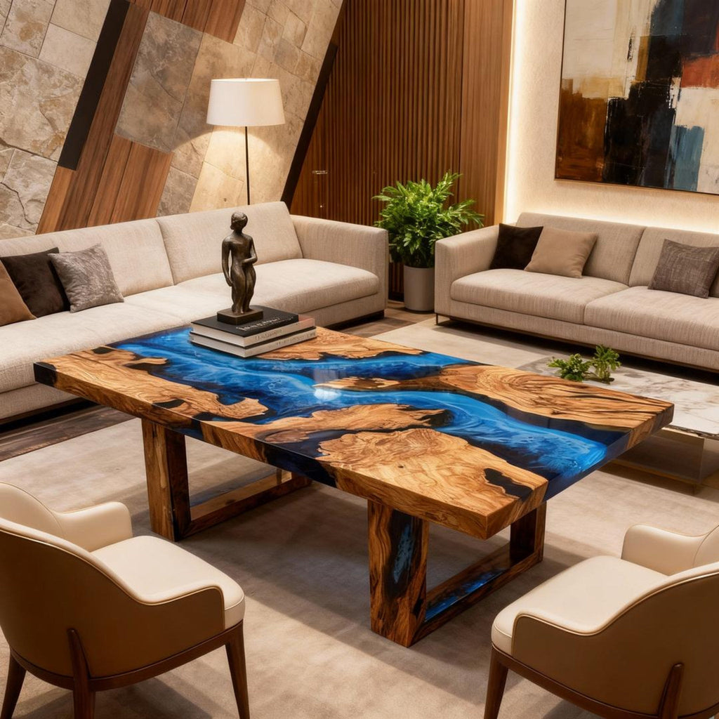 Table rivière sur mesure en bois d'olivier et résine époxy bleu saphir RZX-572
