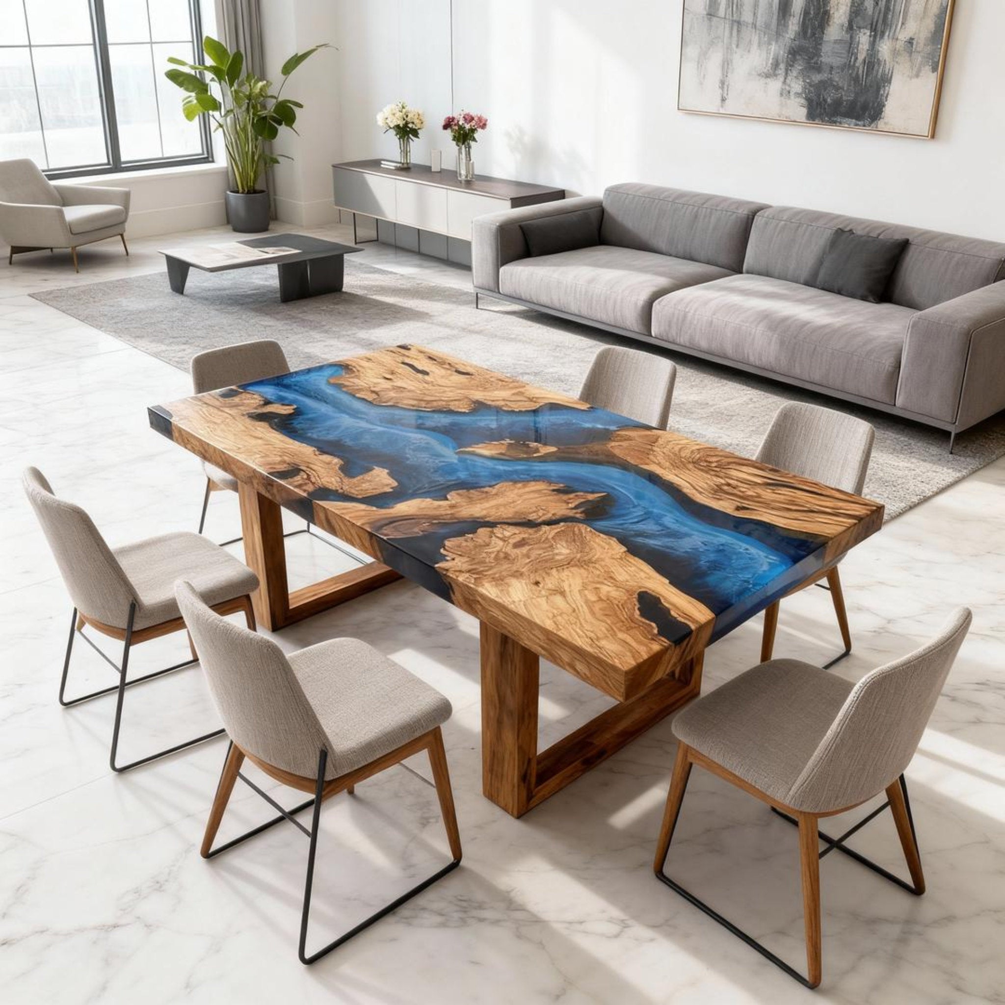 Table rivière sur mesure en bois d'olivier et résine époxy bleu saphir RZX-572