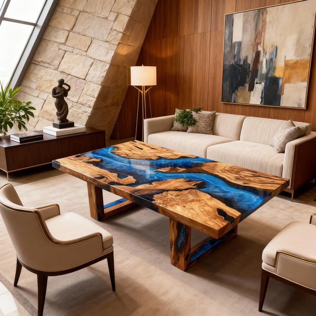 Table rivière sur mesure en bois d'olivier et résine époxy bleu saphir RZX-572