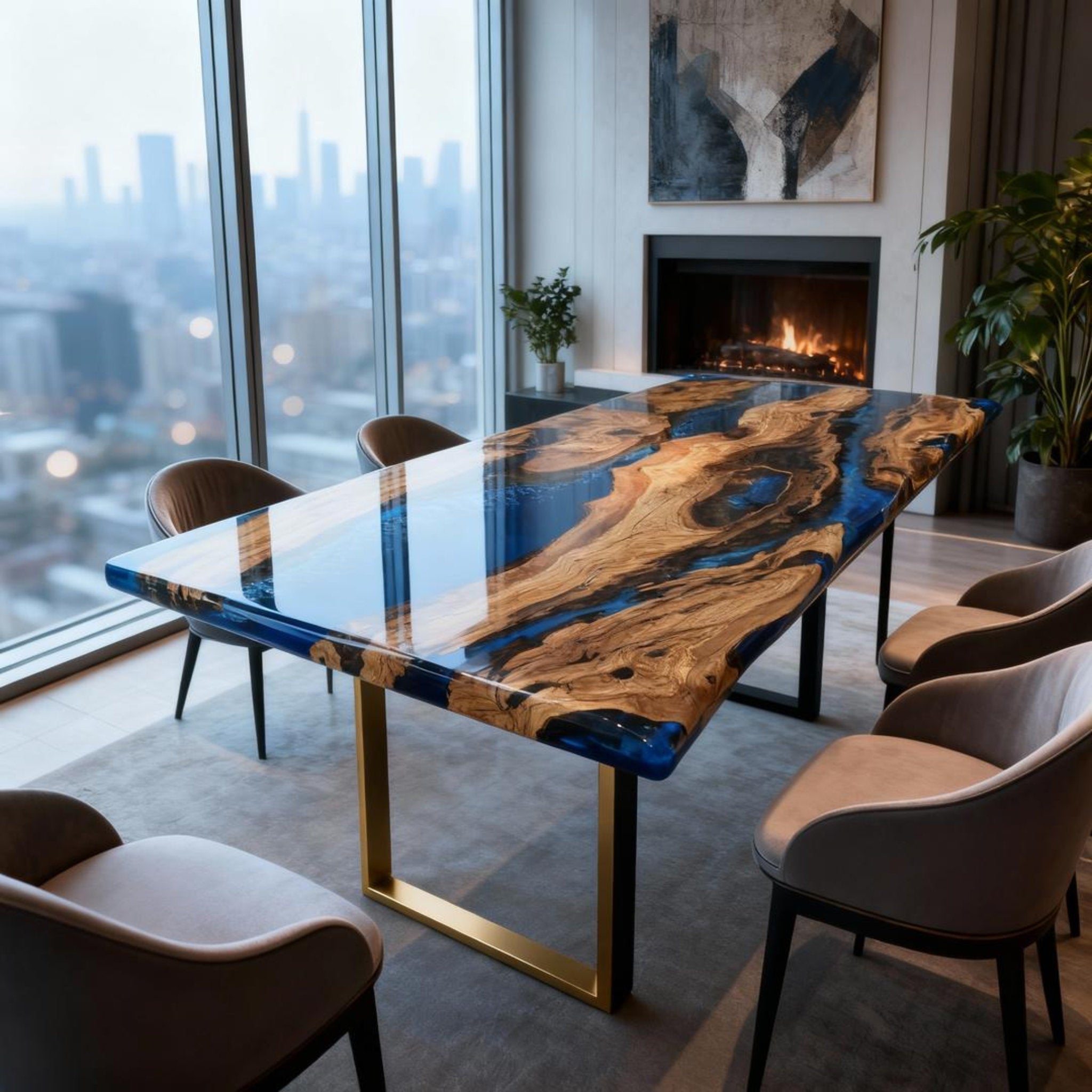 Table rivière sur mesure en résine époxy et bois d'olivier, bleu saphir, ZMQ-472