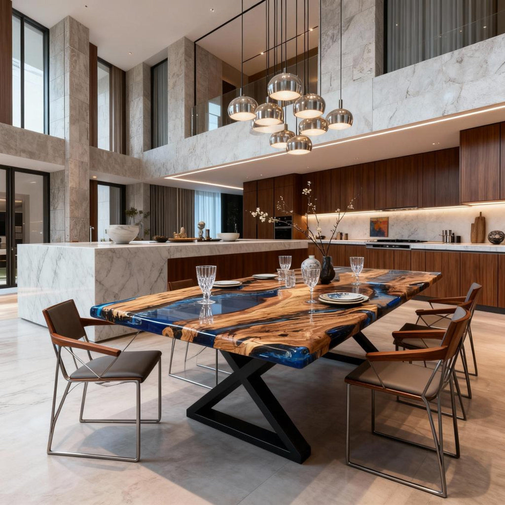 Table rivière sur mesure en résine époxy et bois d'olivier, bleu saphir, ZMQ-472