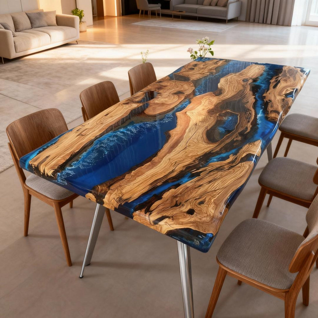 Table rivière sur mesure en résine époxy et bois d'olivier, bleu saphir, ZMQ-472