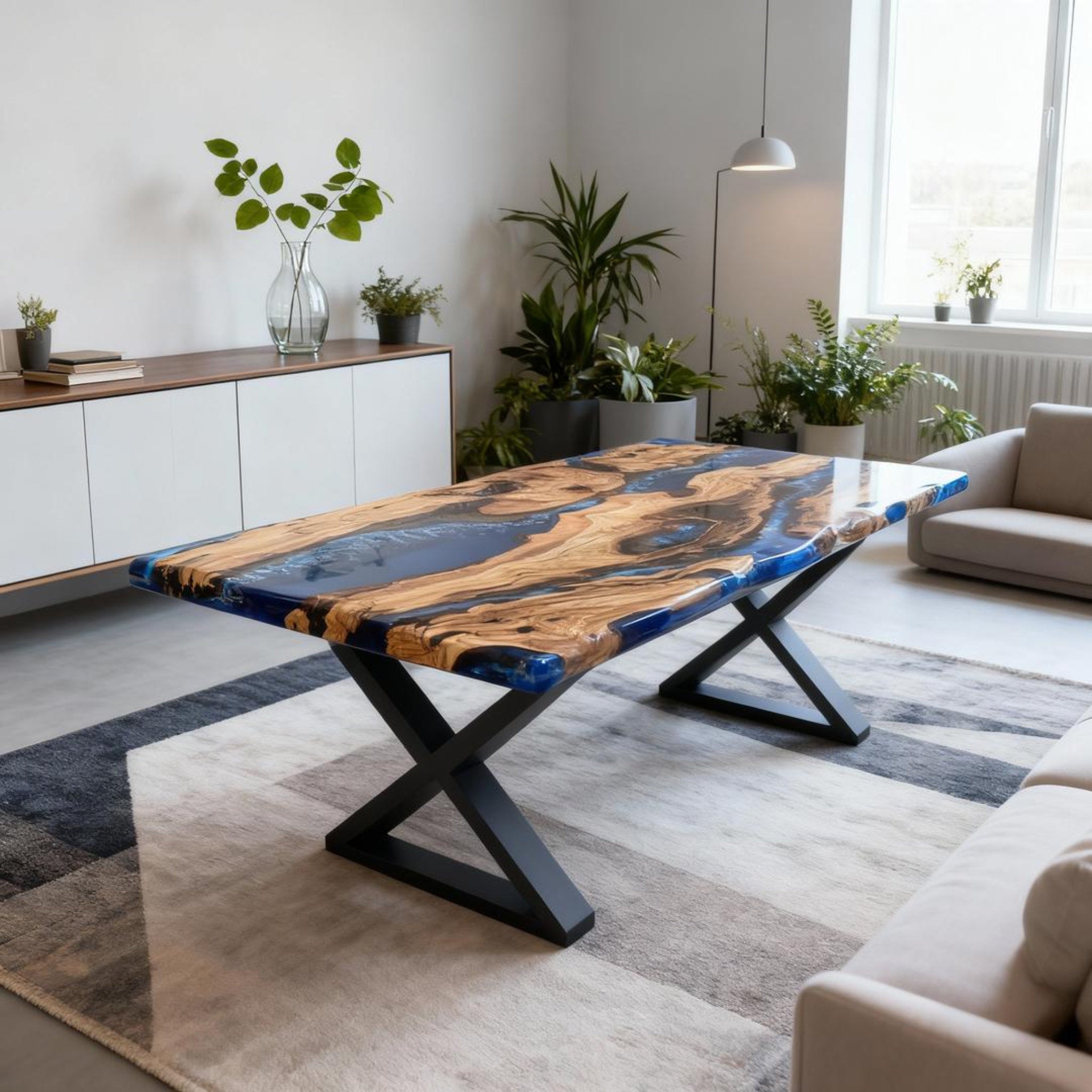 Table rivière sur mesure en résine époxy et bois d'olivier, bleu saphir, ZMQ-472