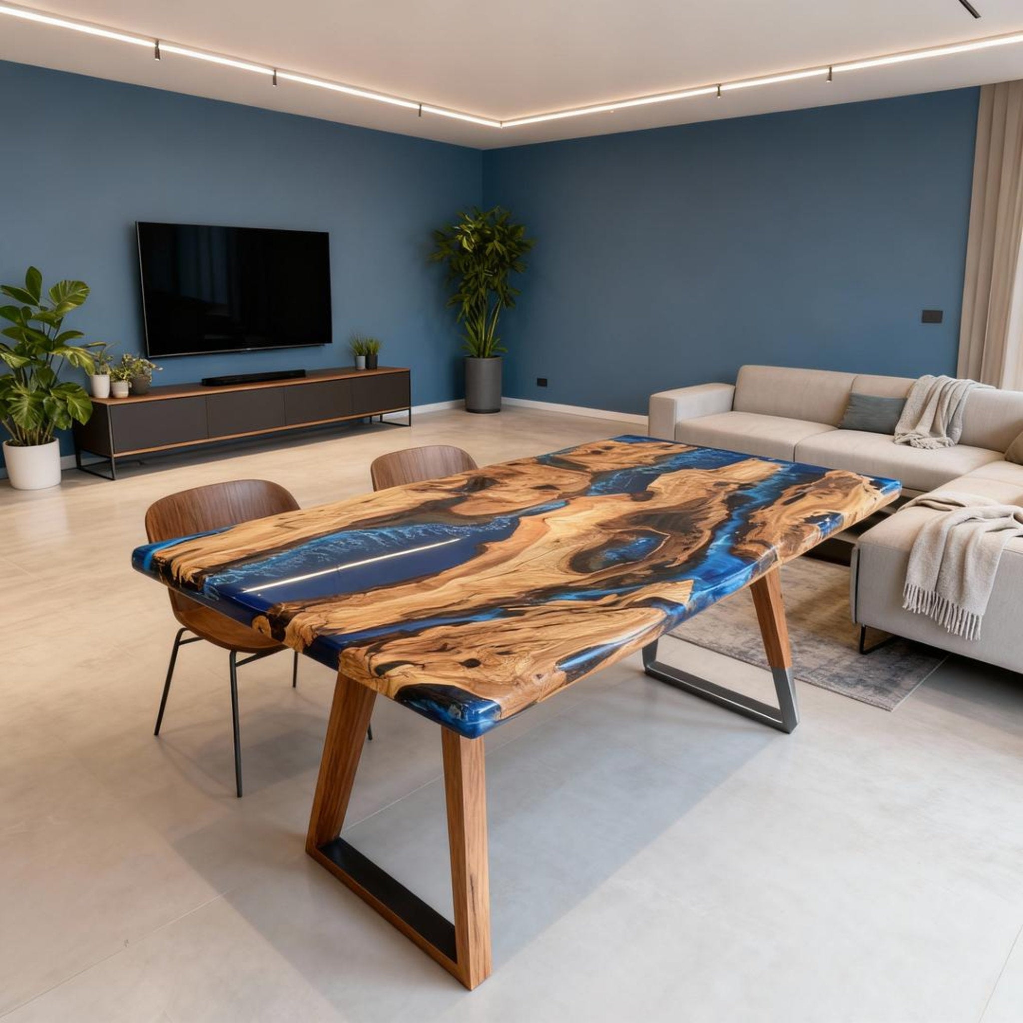 Table rivière sur mesure en résine époxy et bois d'olivier, bleu saphir, ZMQ-472