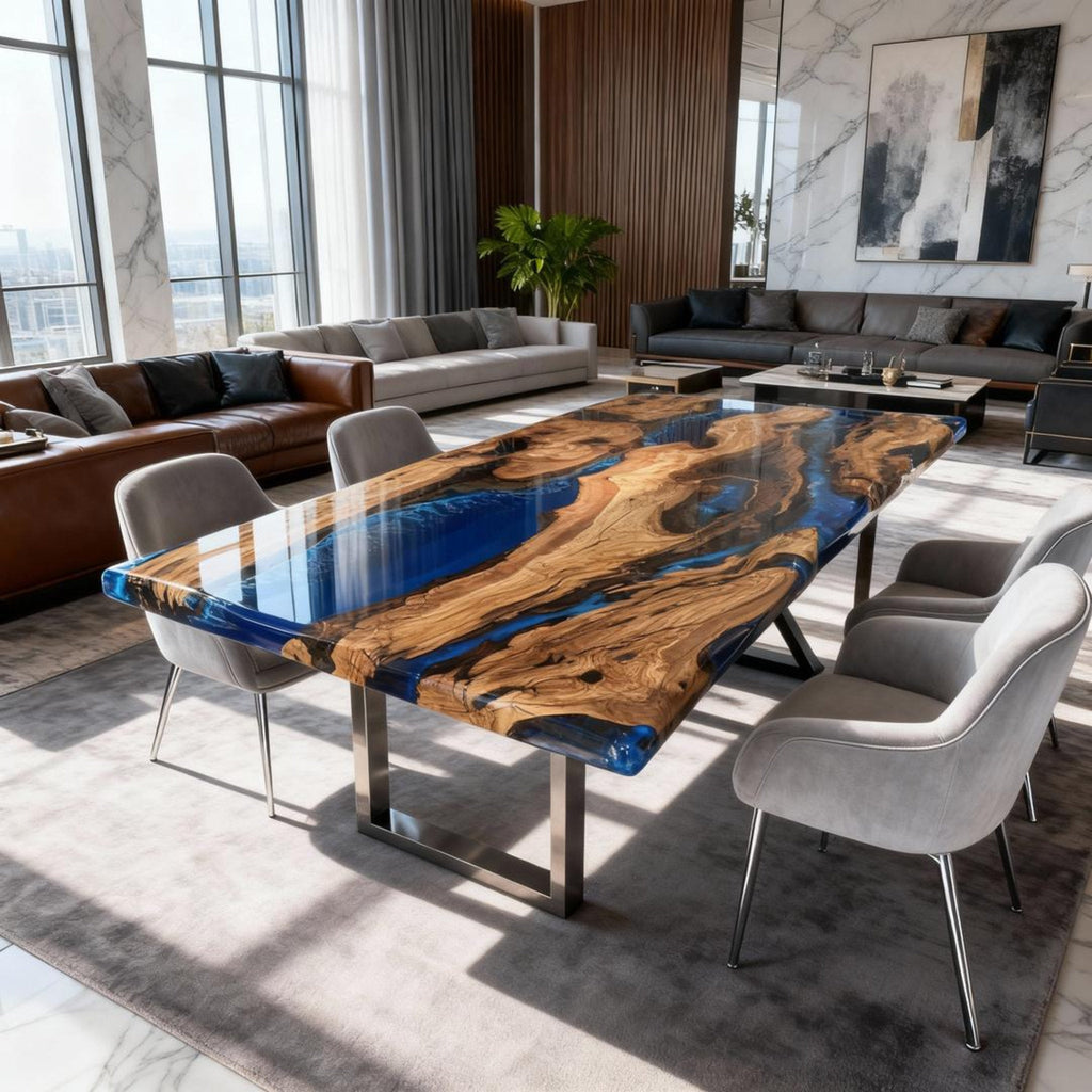 Table rivière sur mesure en résine époxy et bois d'olivier, bleu saphir, ZMQ-472