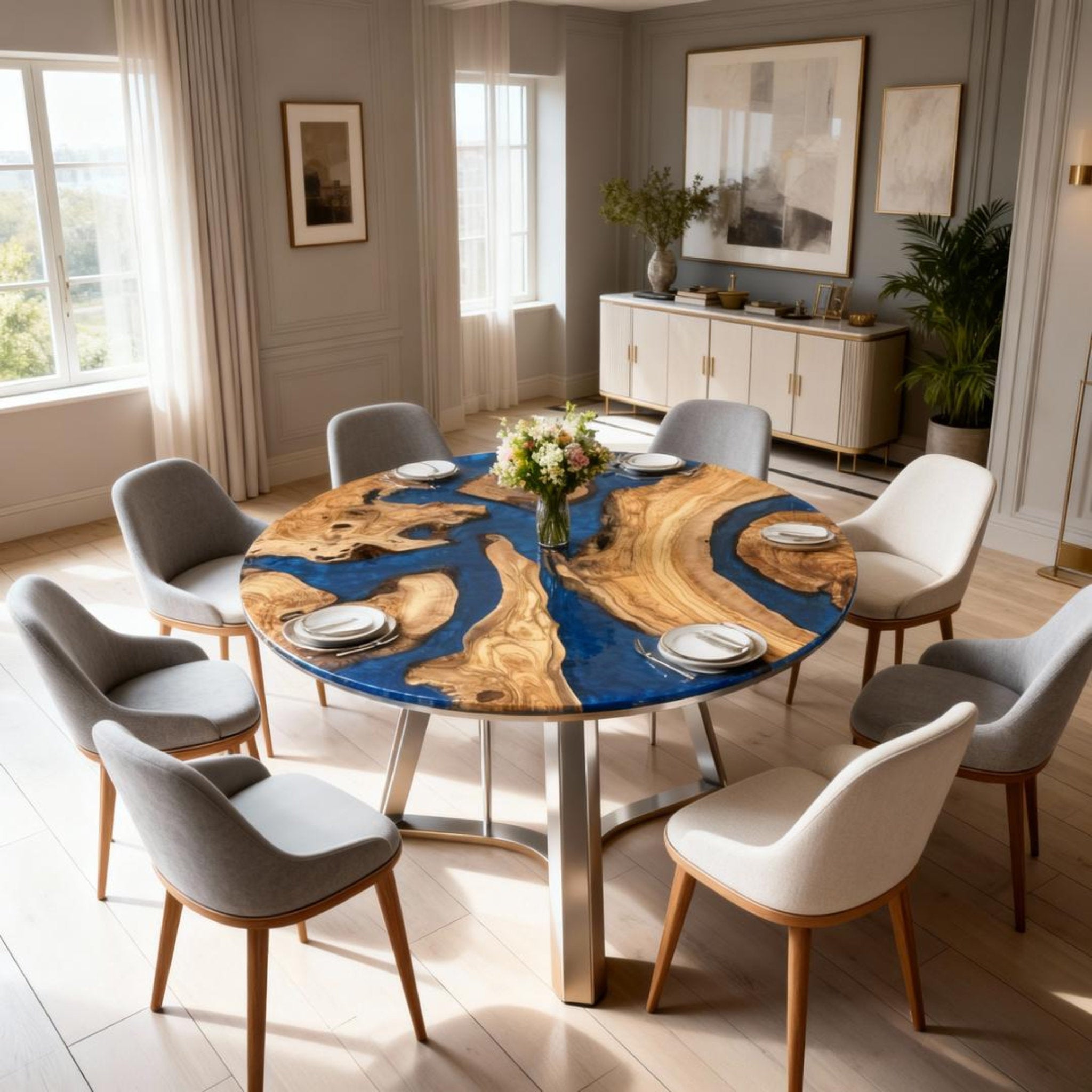 Table rivière sur mesure en résine époxy et bois d'olivier, bleu saphir, référence ZQH-782