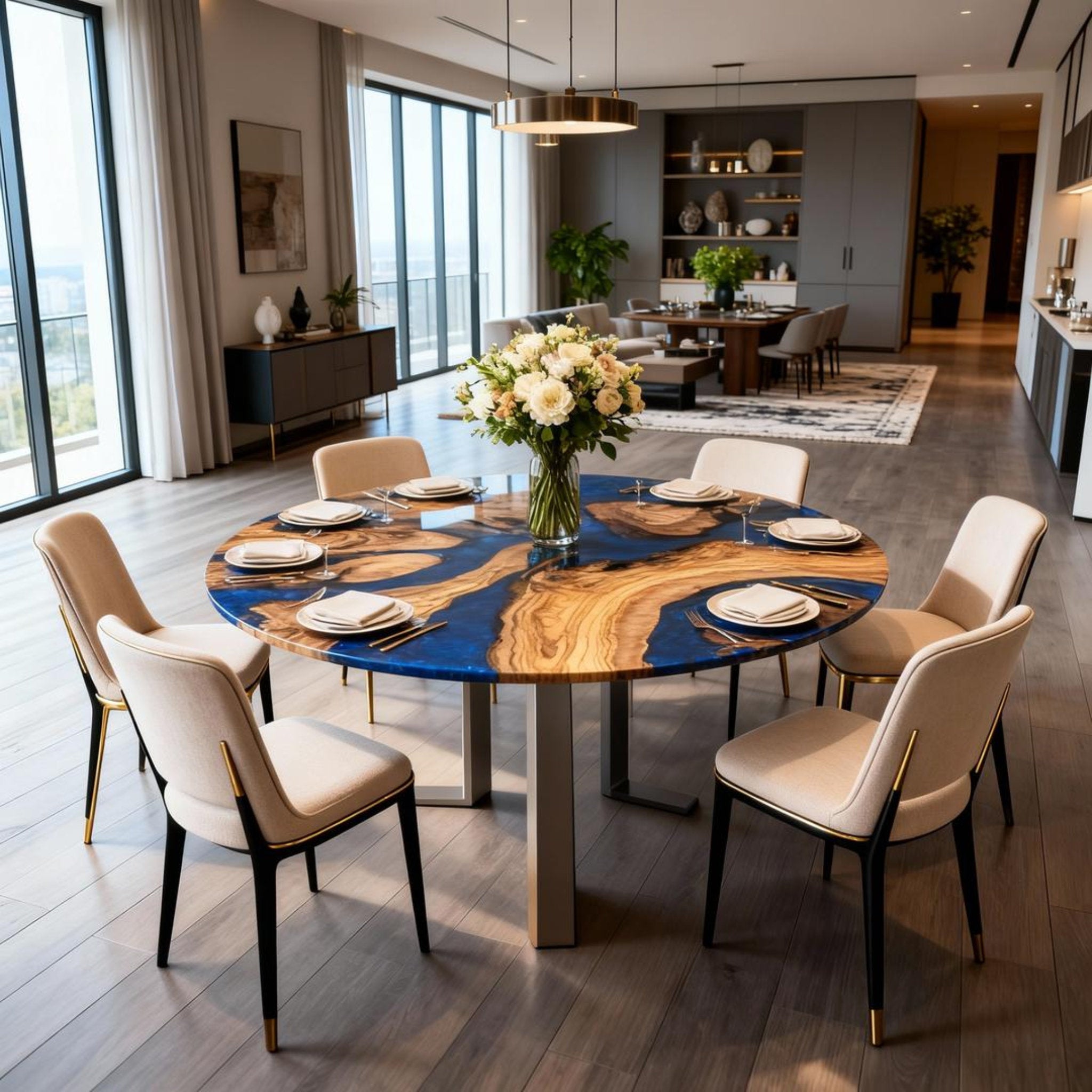 Table rivière sur mesure en résine époxy et bois d'olivier, bleu saphir, référence ZQH-782