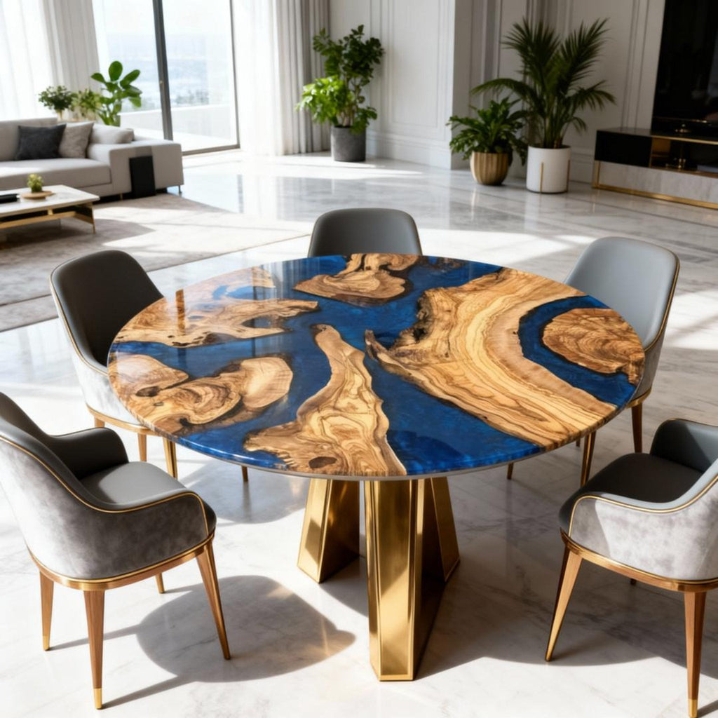 Table rivière sur mesure en résine époxy et bois d'olivier, bleu saphir, référence ZQH-782