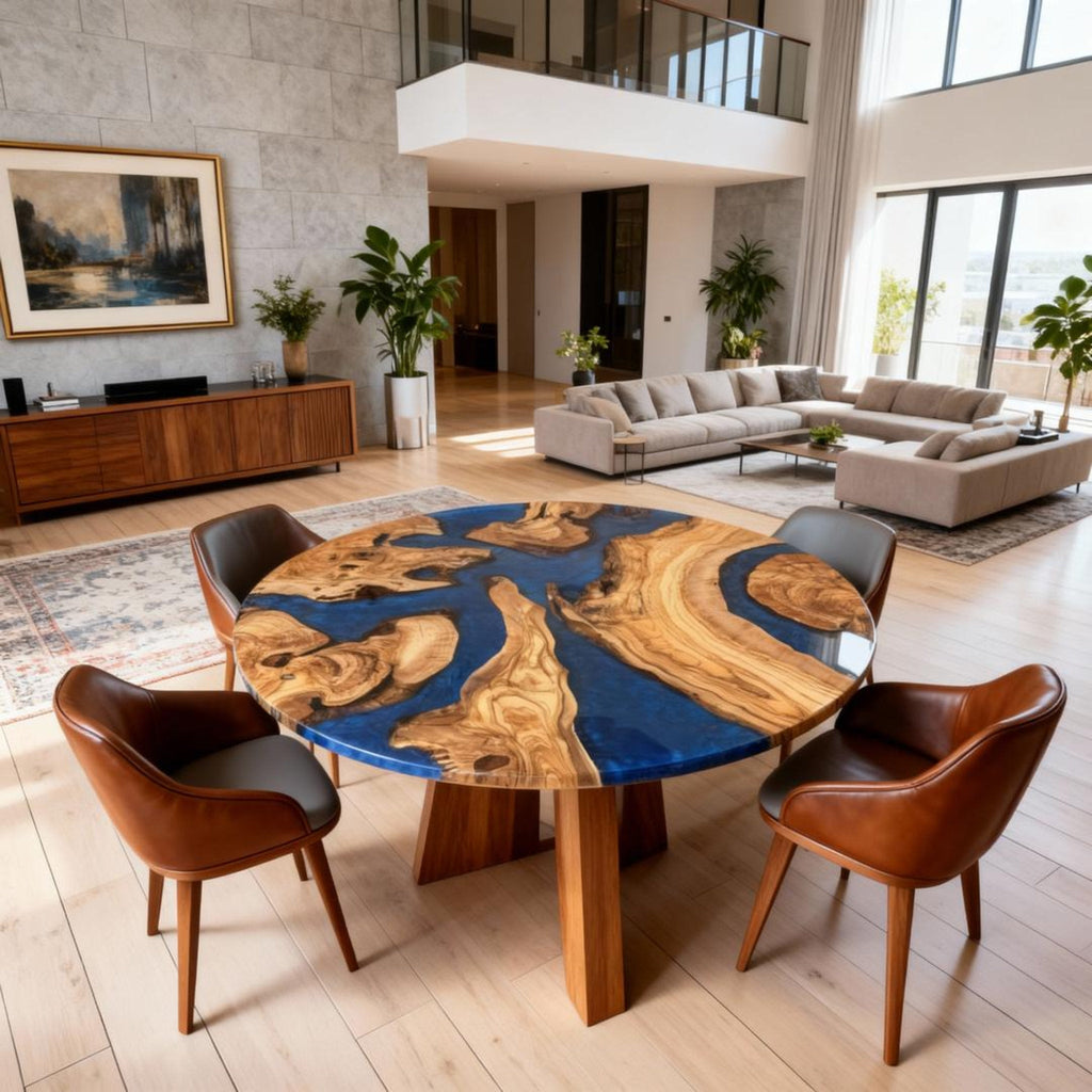 Table rivière sur mesure en résine époxy et bois d'olivier, bleu saphir, référence ZQH-782