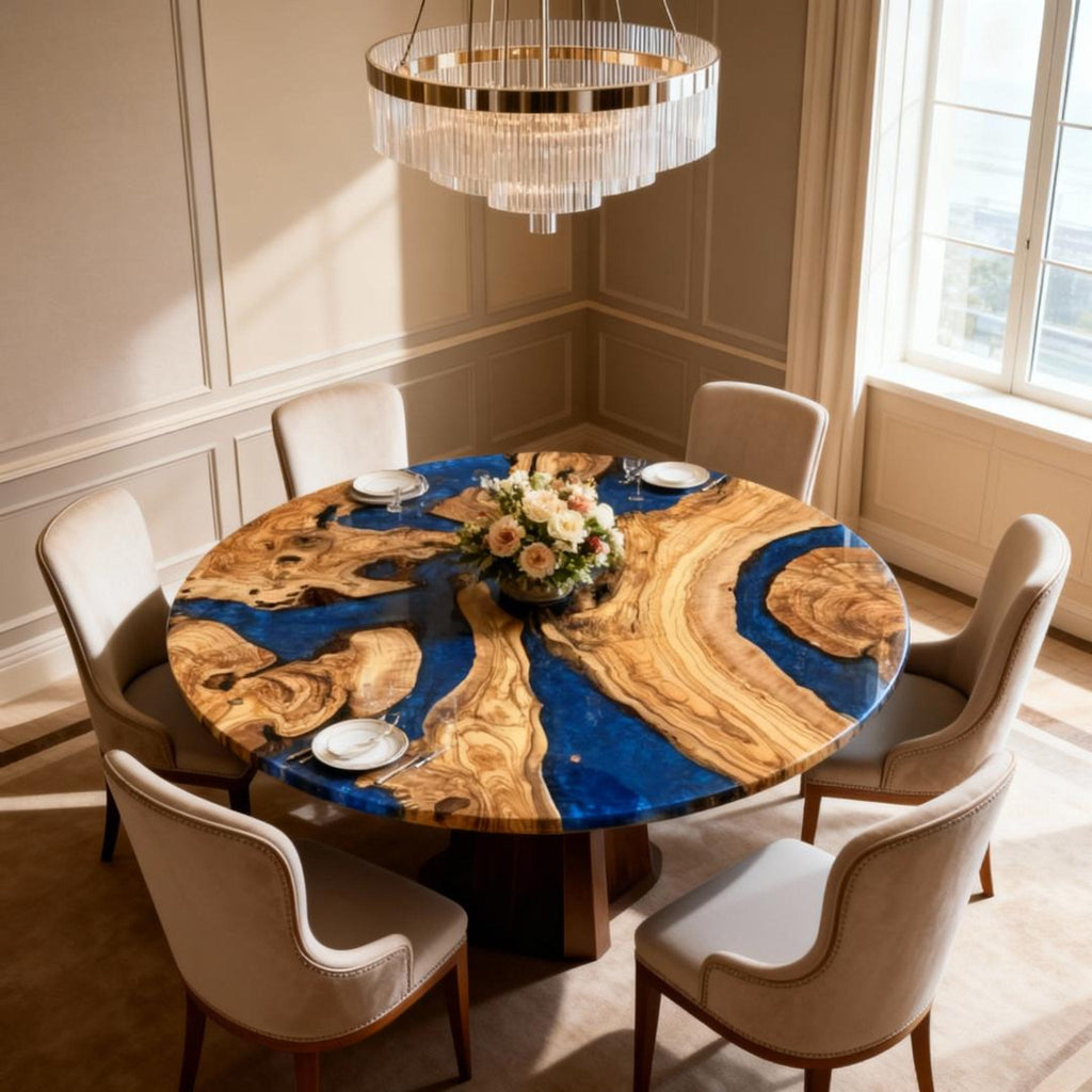 Table rivière sur mesure en résine époxy et bois d'olivier, bleu saphir, référence ZQH-782
