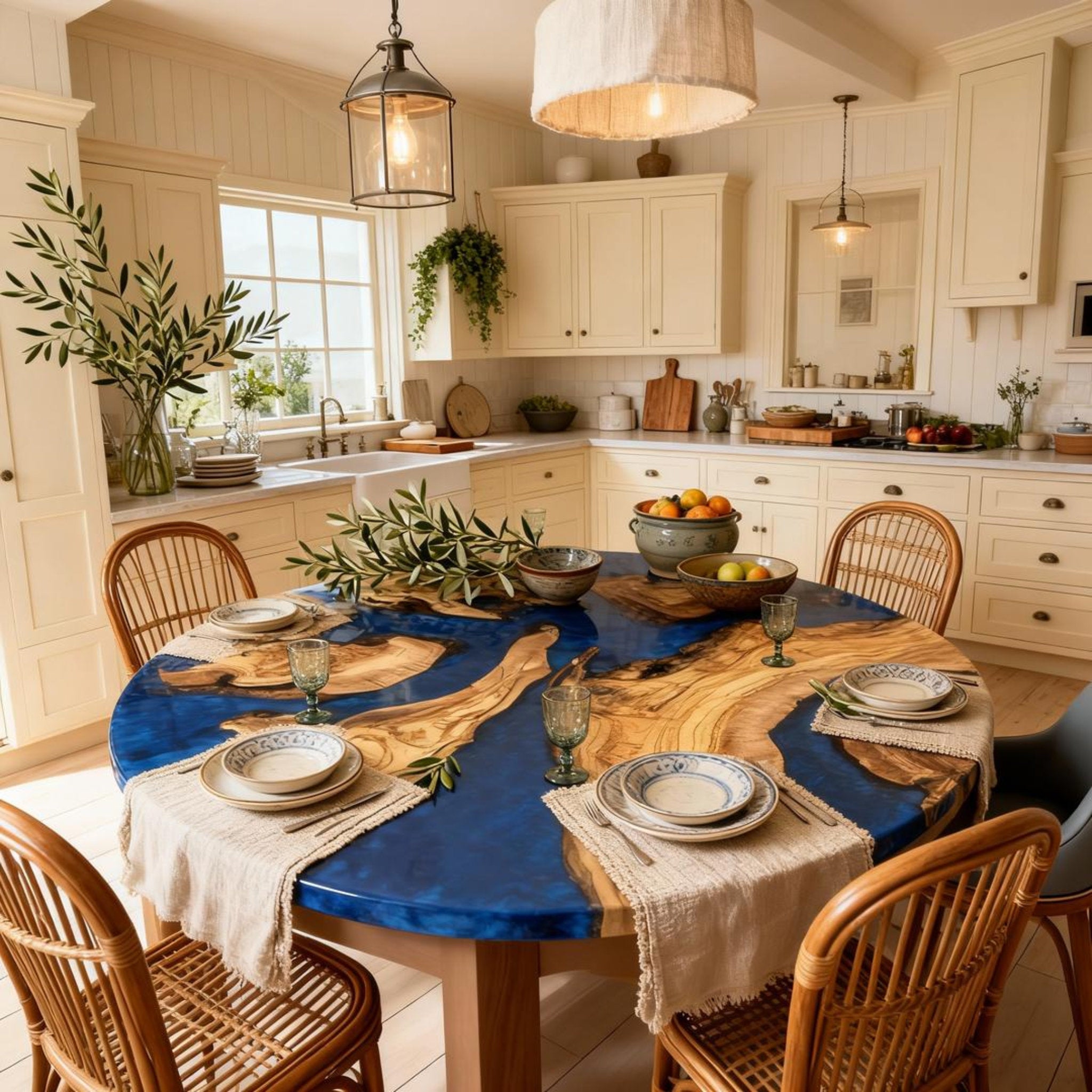 Table rivière sur mesure en résine époxy et bois d'olivier, bleu saphir, référence ZQH-782
